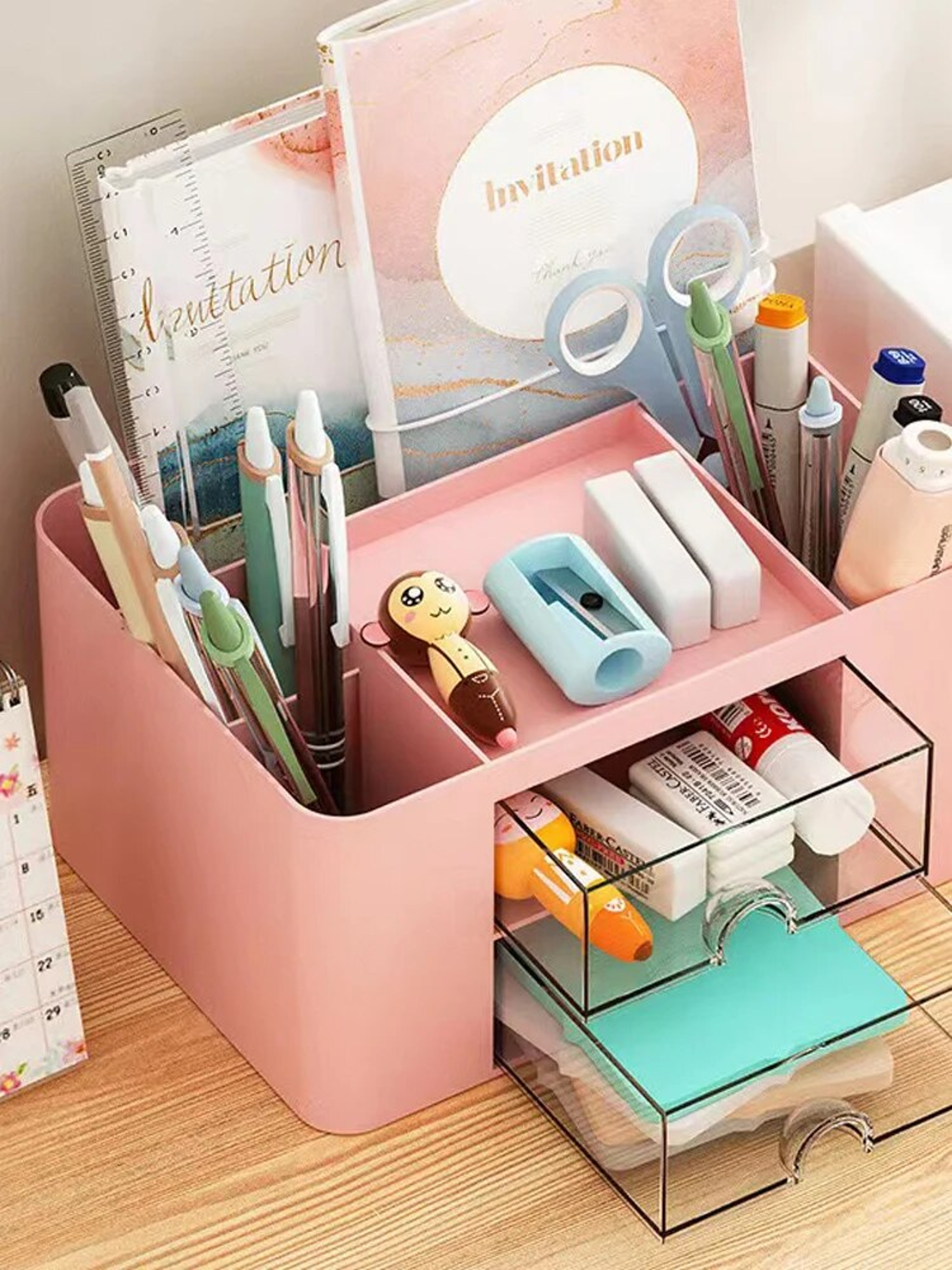 MultiFunctional Pen Organizer With 2 Drawers Storage Box For Desk Pencil Holder For Office Supplies 4