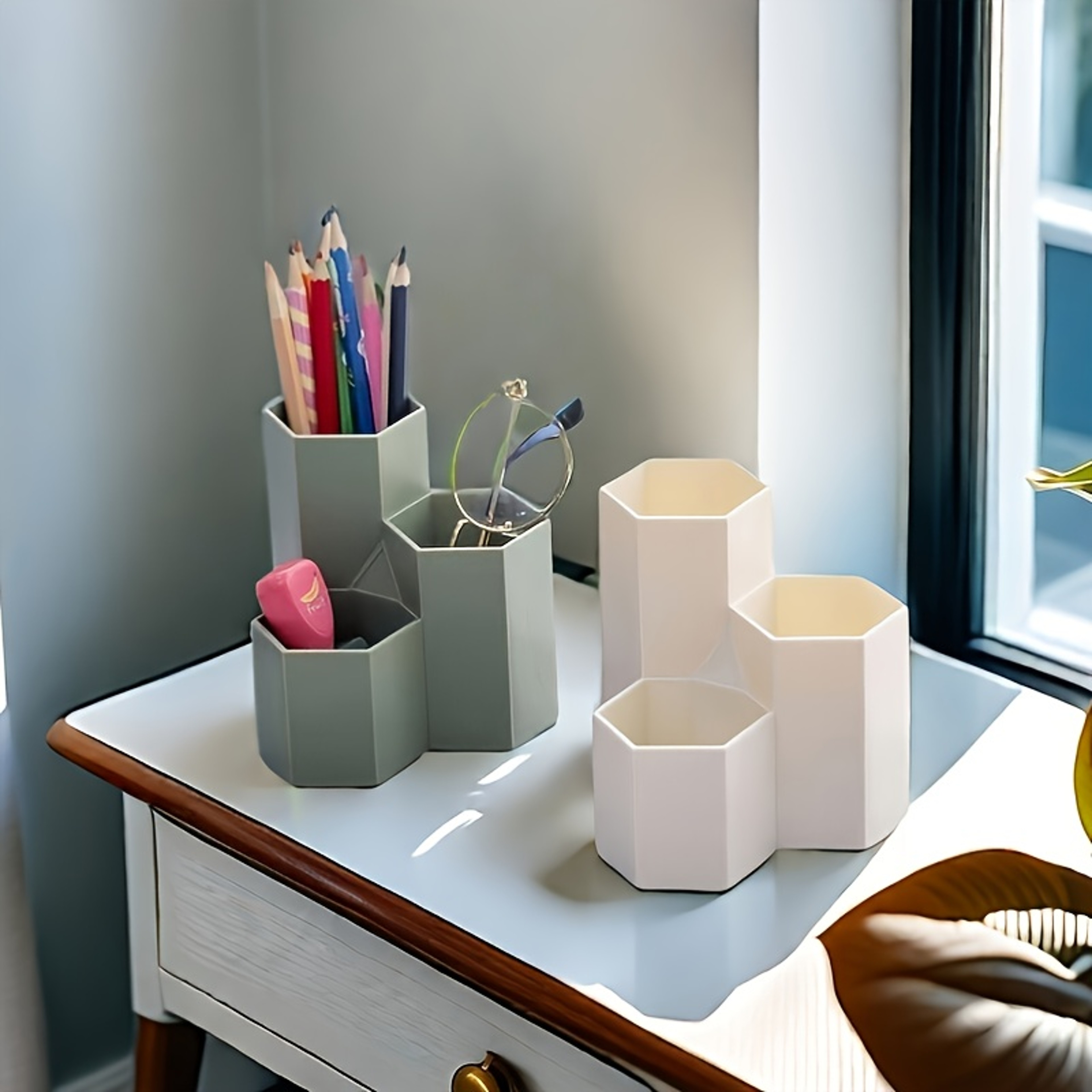 Desktop Organizer With Open  Closed Storage Compartments Modern White  Mint Green For Home Office A 5