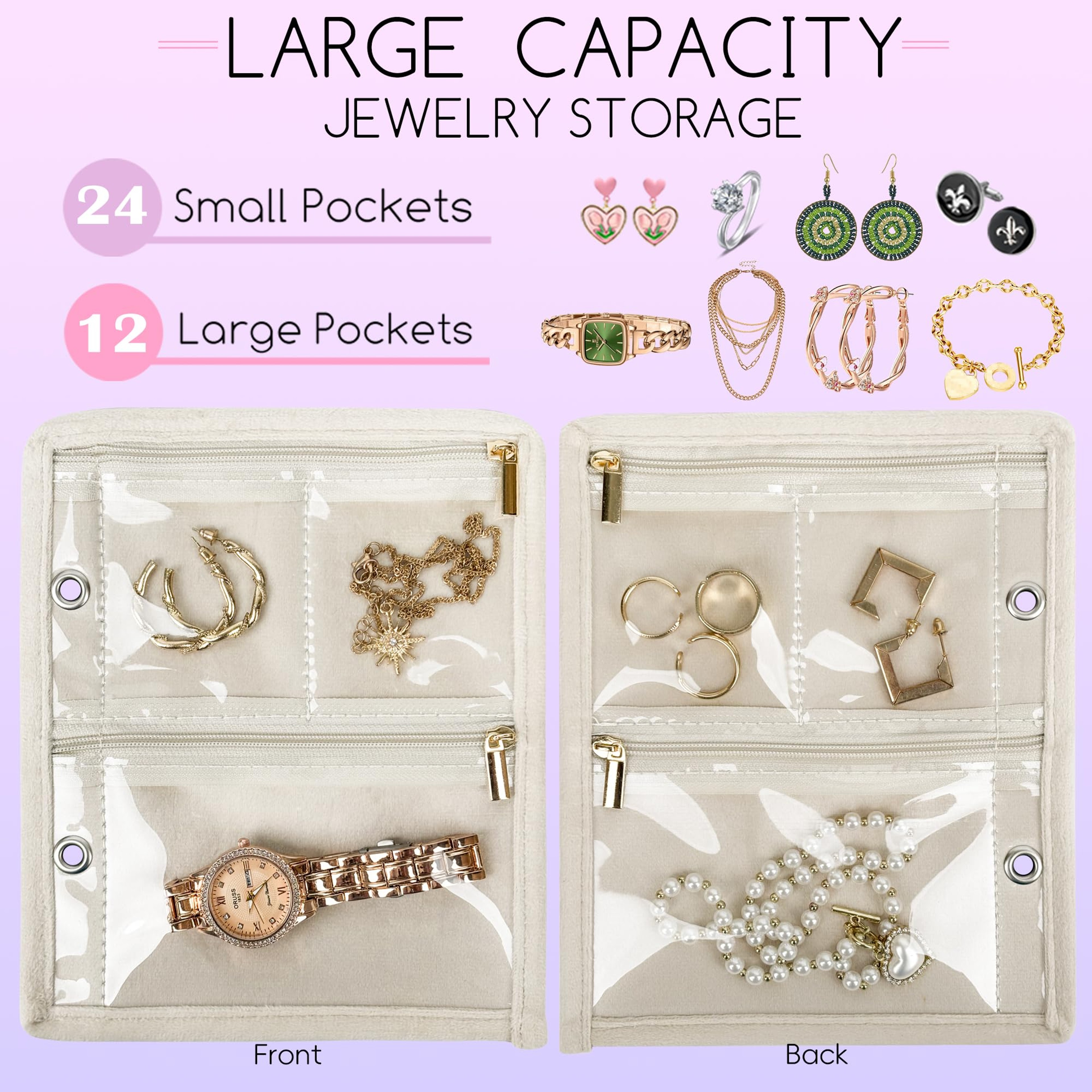 Jewelry Storage Book Binder with Clear Zipper, Travel Jewelry Organizer Case, Velvet Pouch for Traveling Earrings – view 3