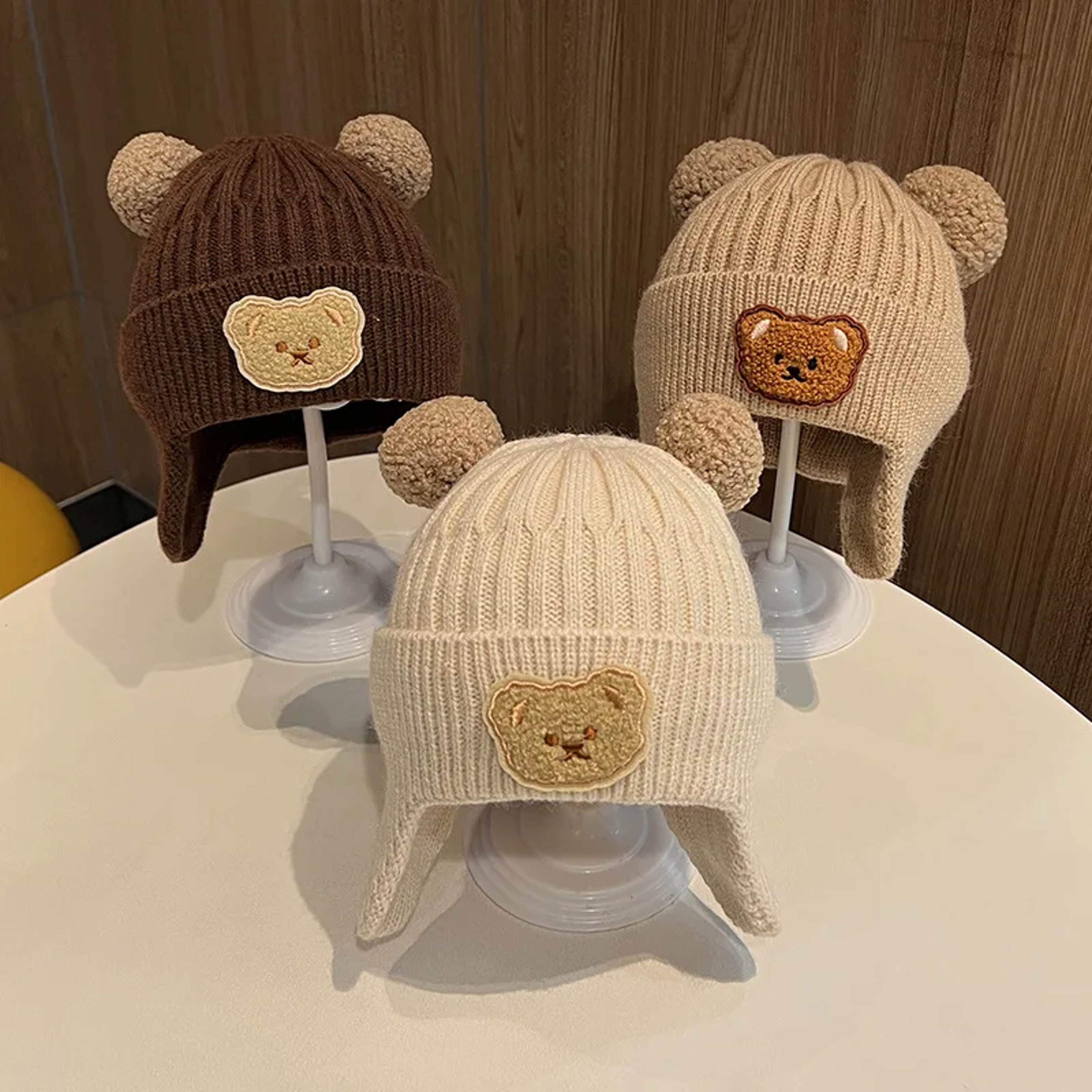 Children Winter Wool Hat with Bear Ears, Thickened Warm Knitted Korean Baby Hat – view 2