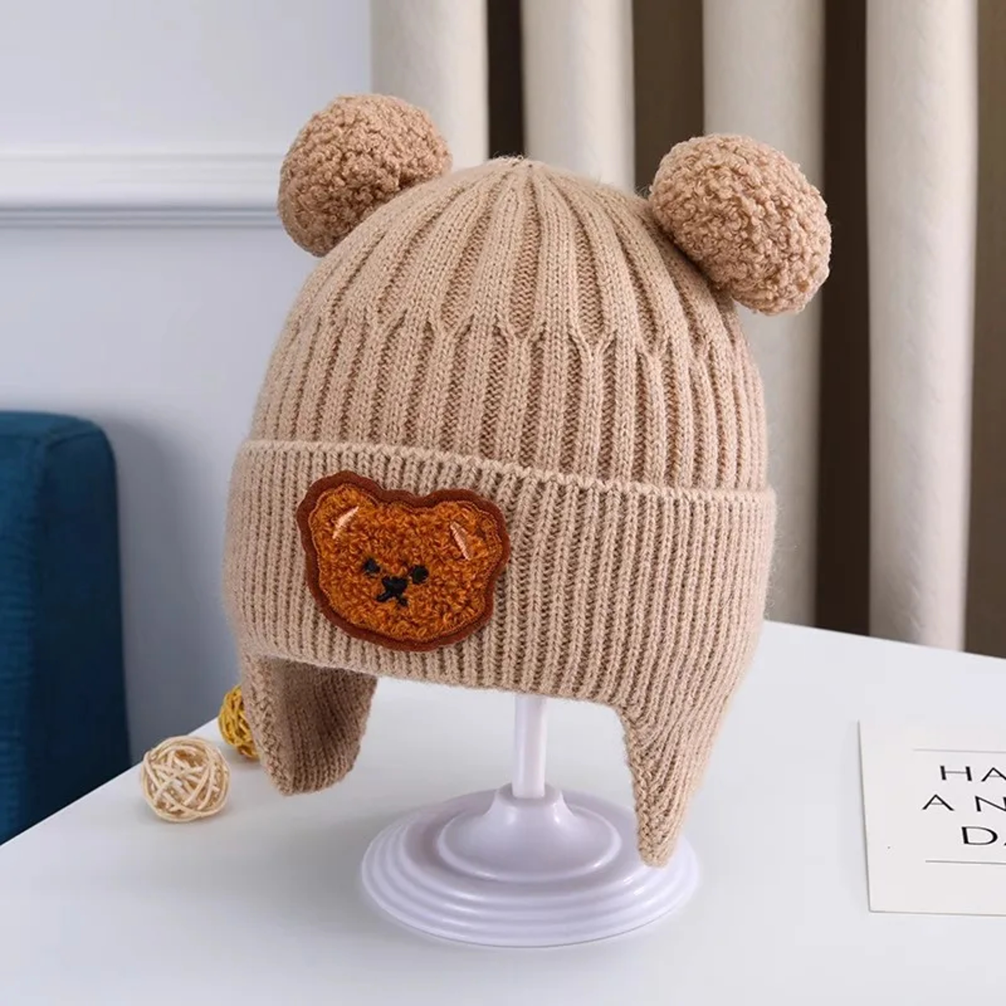Children Winter Wool Hat with Bear Ears, Thickened Warm Knitted Korean Baby Hat – view 12