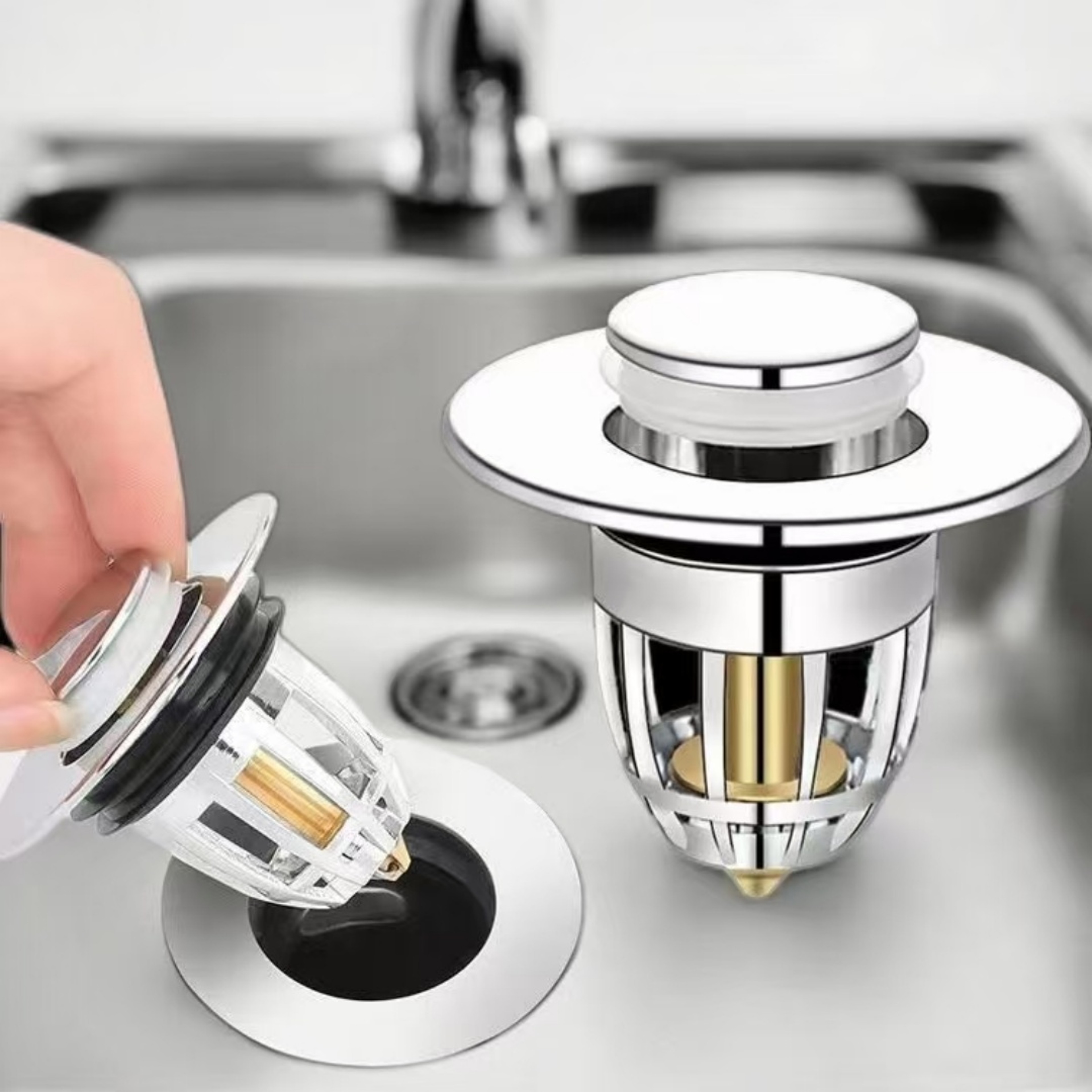 Basin Popup Chrome Sink Filter Universal Rebound Drain Plug With Hair Catcher Stopper 0