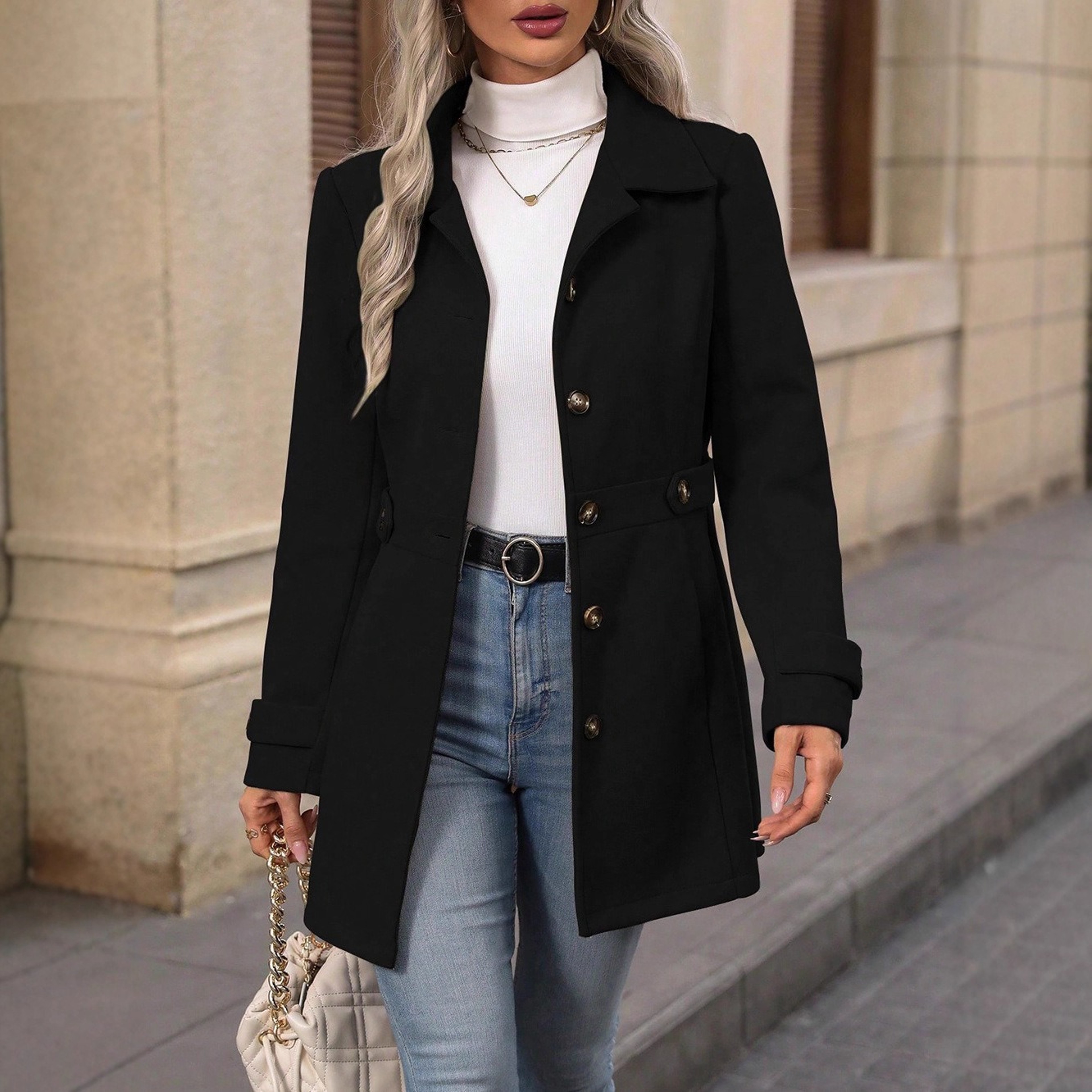 Loose-Fit Mid-Length Wool Blazer with Notched Lapel for Women – view 2