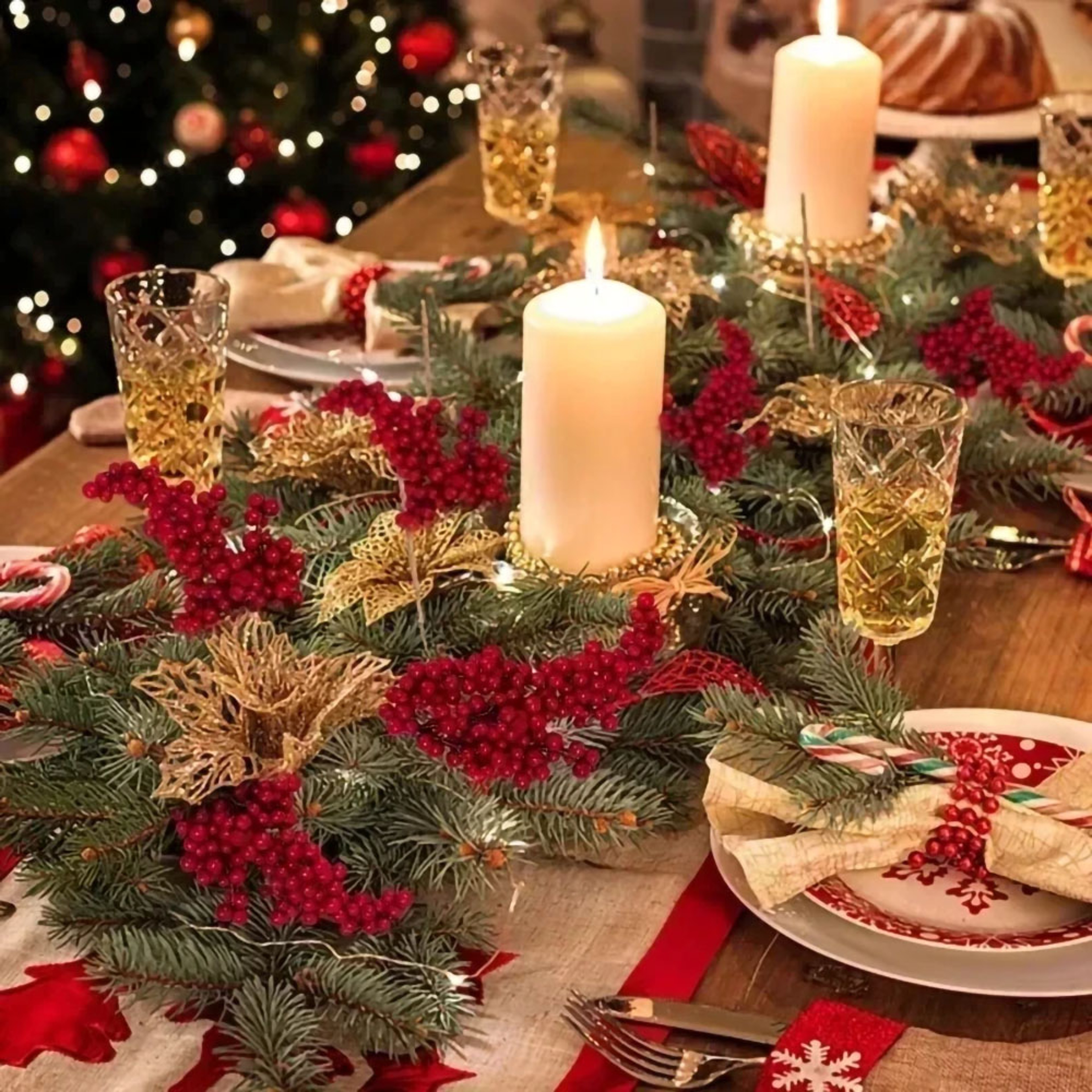 Holly Berry Stamen Plants Chinese New Year Red Berries Branches Xmas Party Decor Wreath Ornaments 3