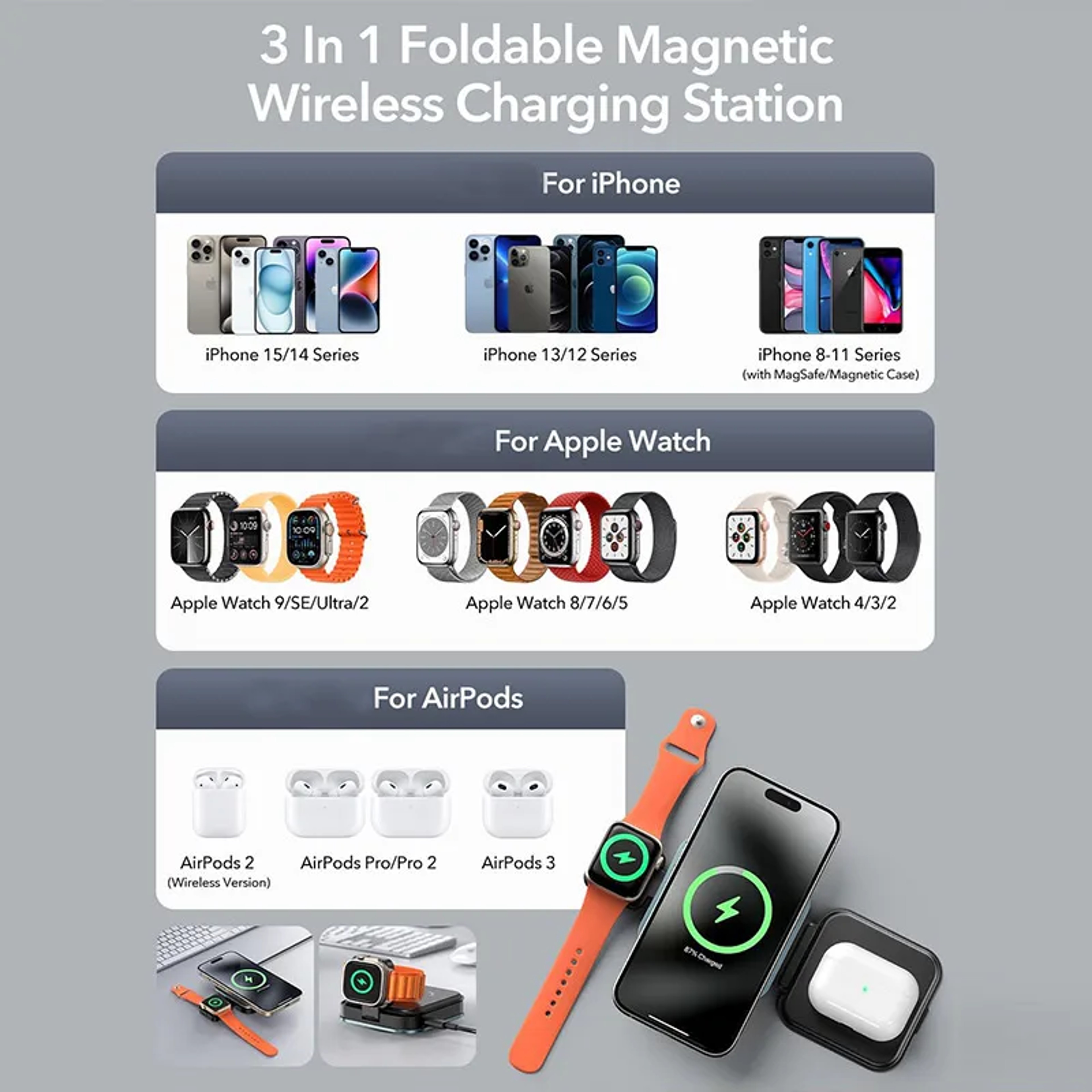Magnetic Wireless Charger Pad 3 In 1 Foldable Fast Charging Stand For IPhone IWatch AirPods 4