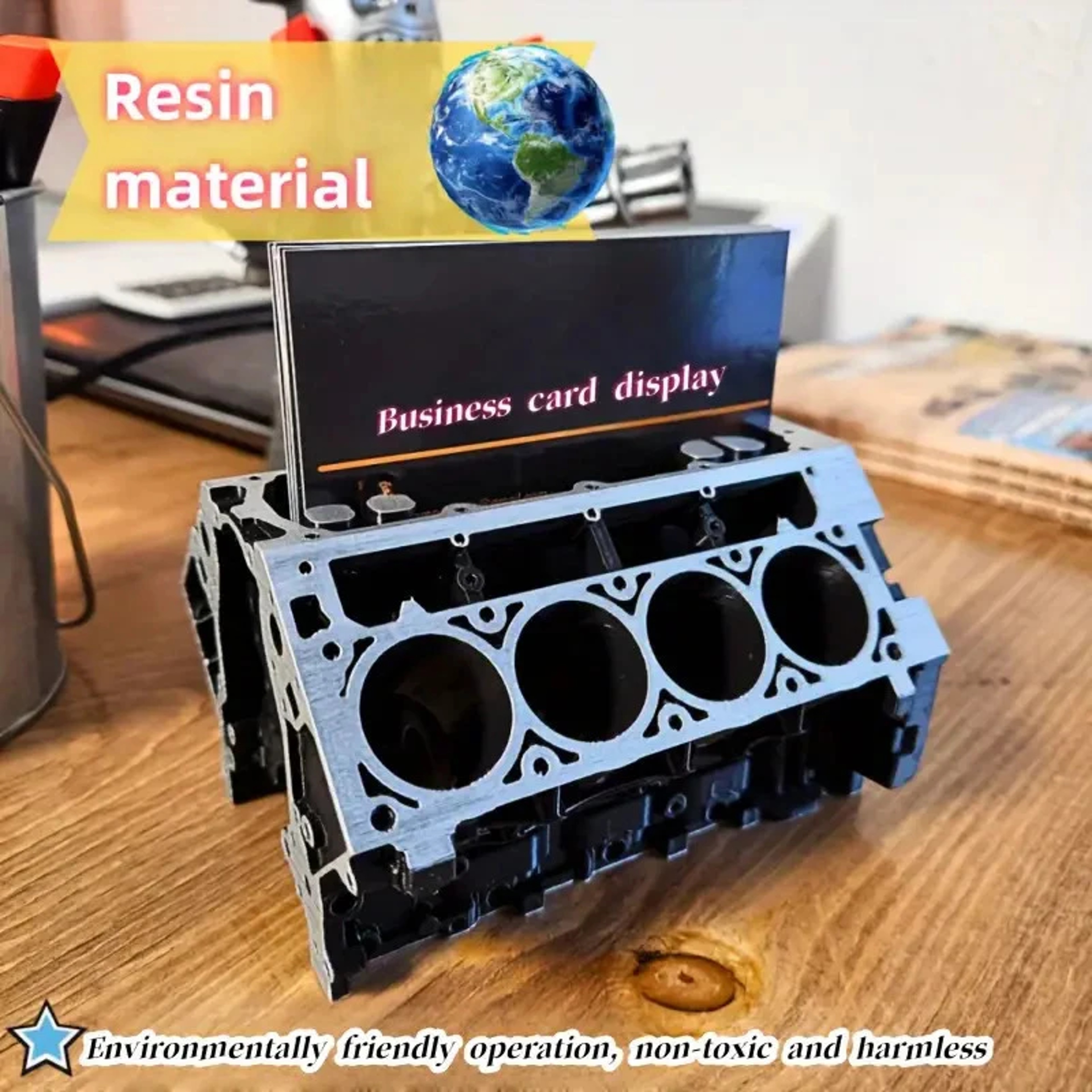 Business Card Pen Holder Creative Engine Block Desk Organizer Resin Construction Gift For Car Lover 1
