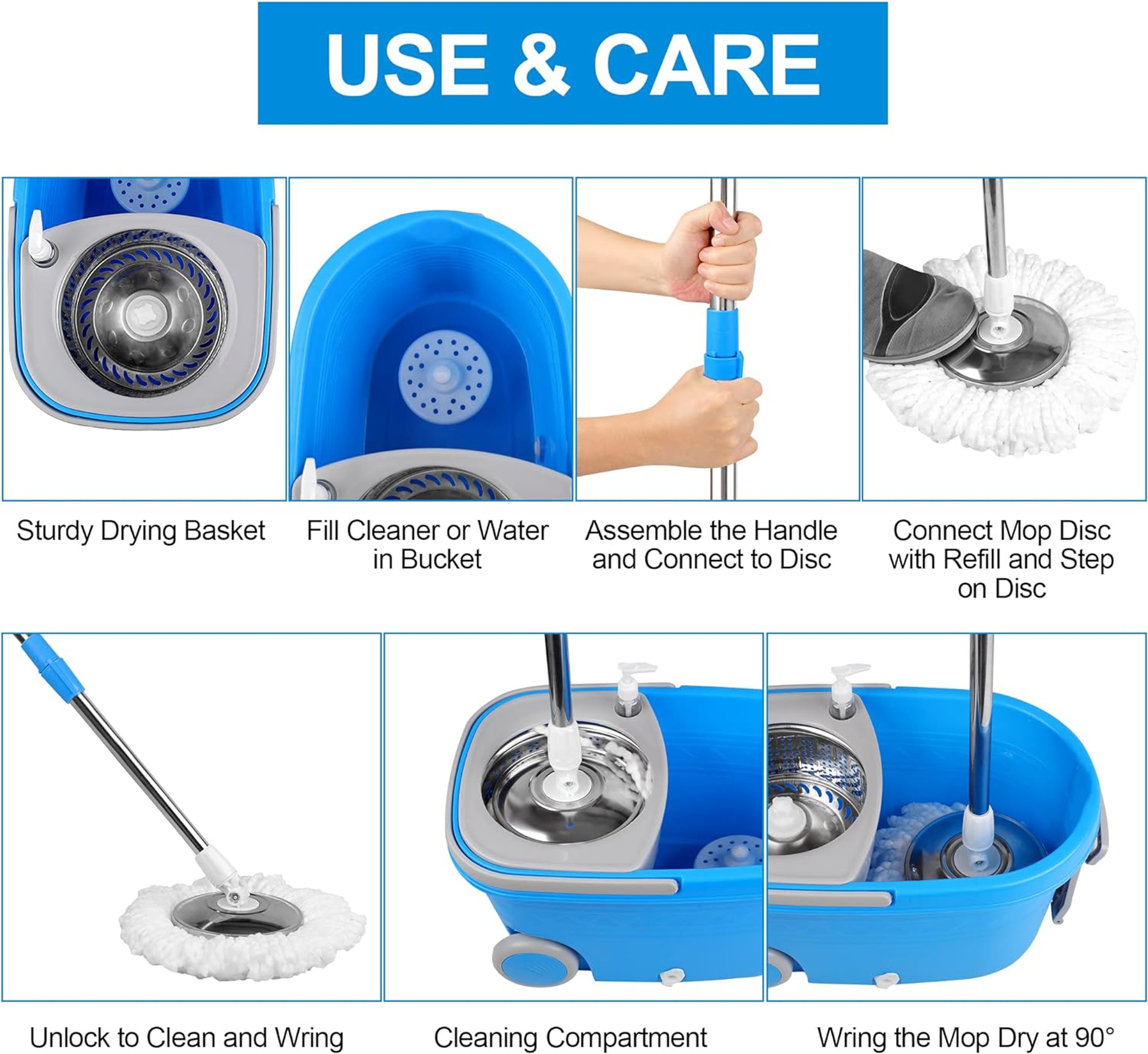 Blue Spin Mop Bucket Sets With 3 Microfiber Heads 61 Extended Handle Household Cleaning Tools 5