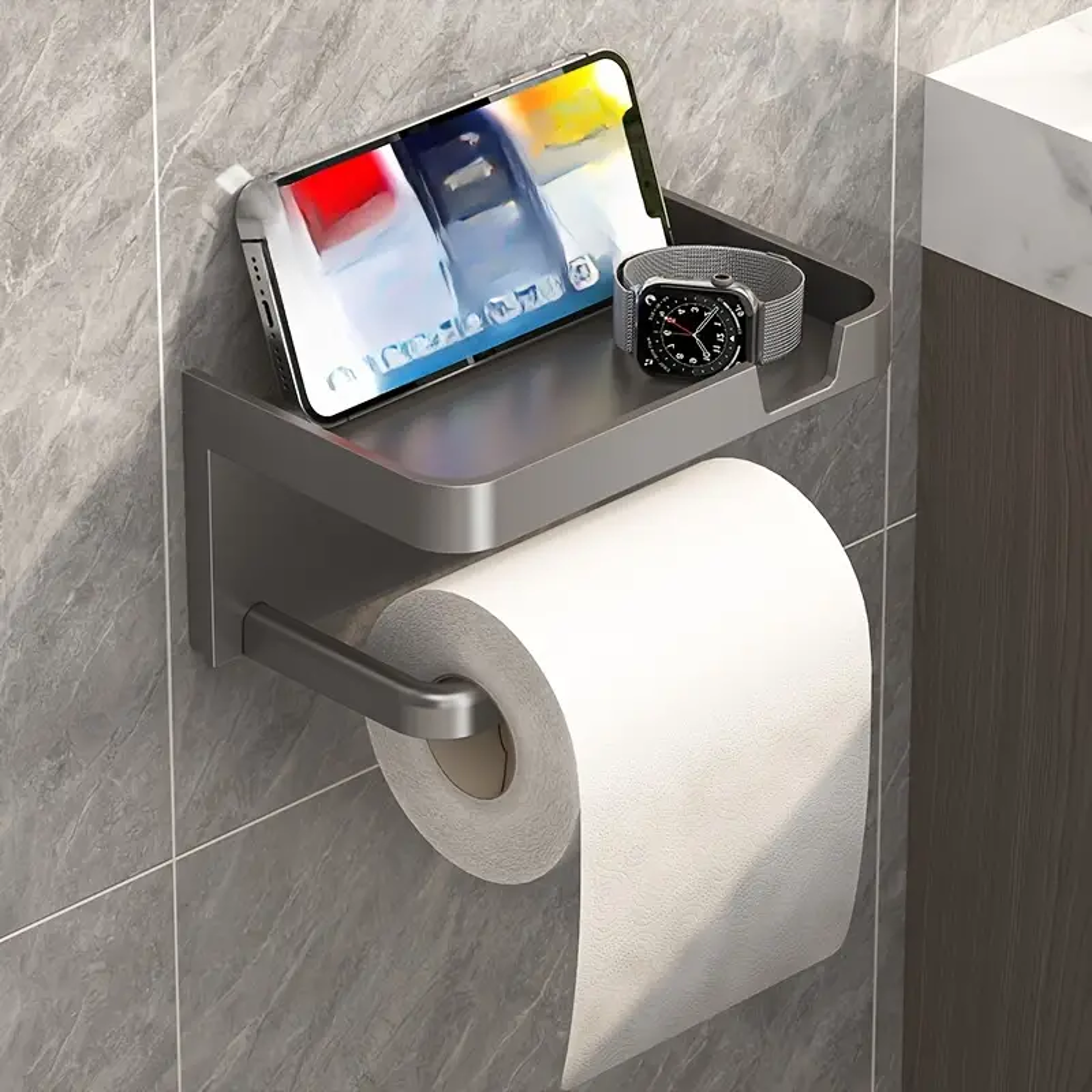 WallMounted Toilet Paper Holder With Phone Shelf No Drill Polypropylene Bathroom Organizer 0