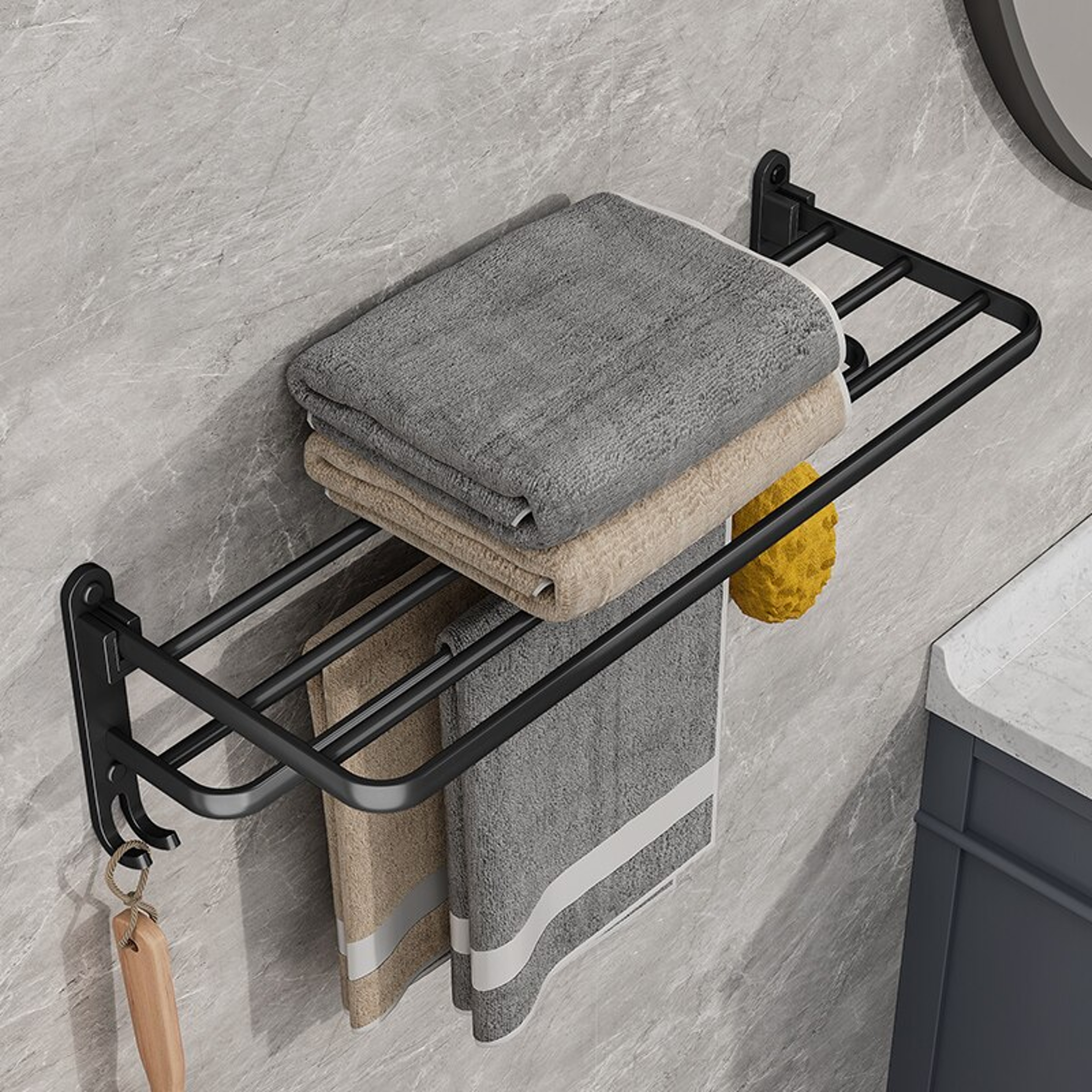 Matte Black Folding Towel Holder With Hook WallMounted Aluminum Towel Rack For Home 2