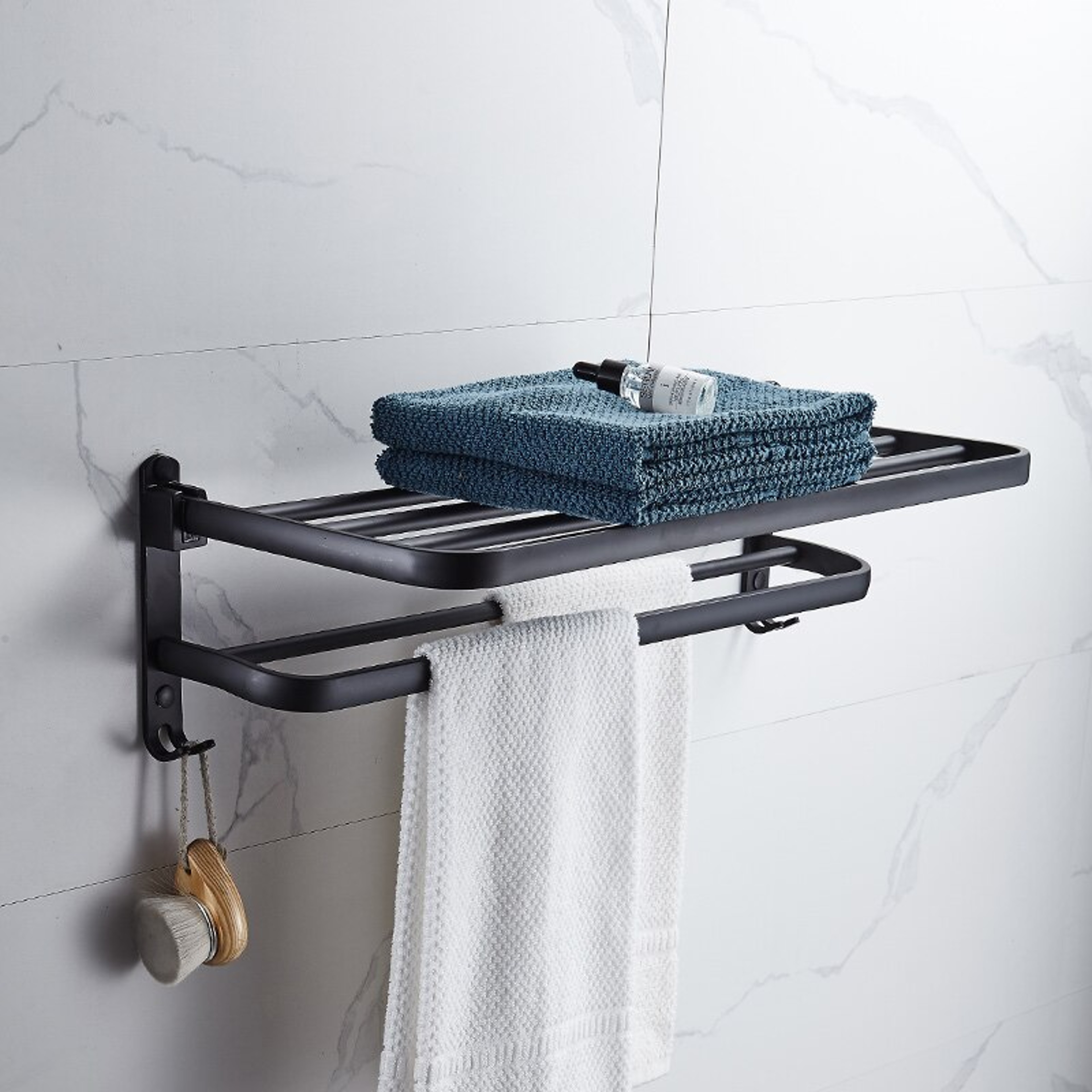 Matte Black Folding Towel Holder With Hook WallMounted Aluminum Towel Rack For Home 6