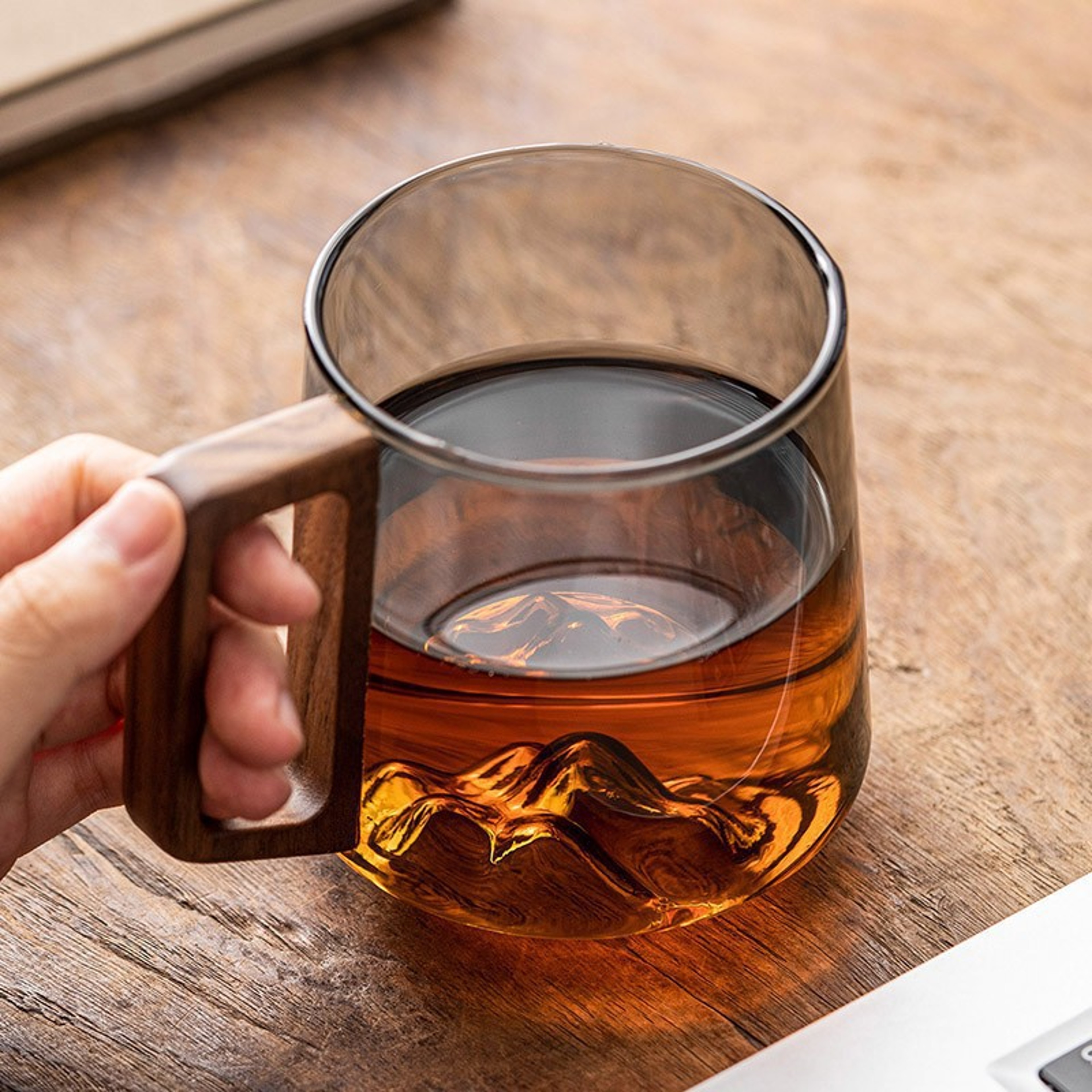 Glass Drinking Cup With Wooden Handle LargeCapacity Milk Tea  Juice Cup 3