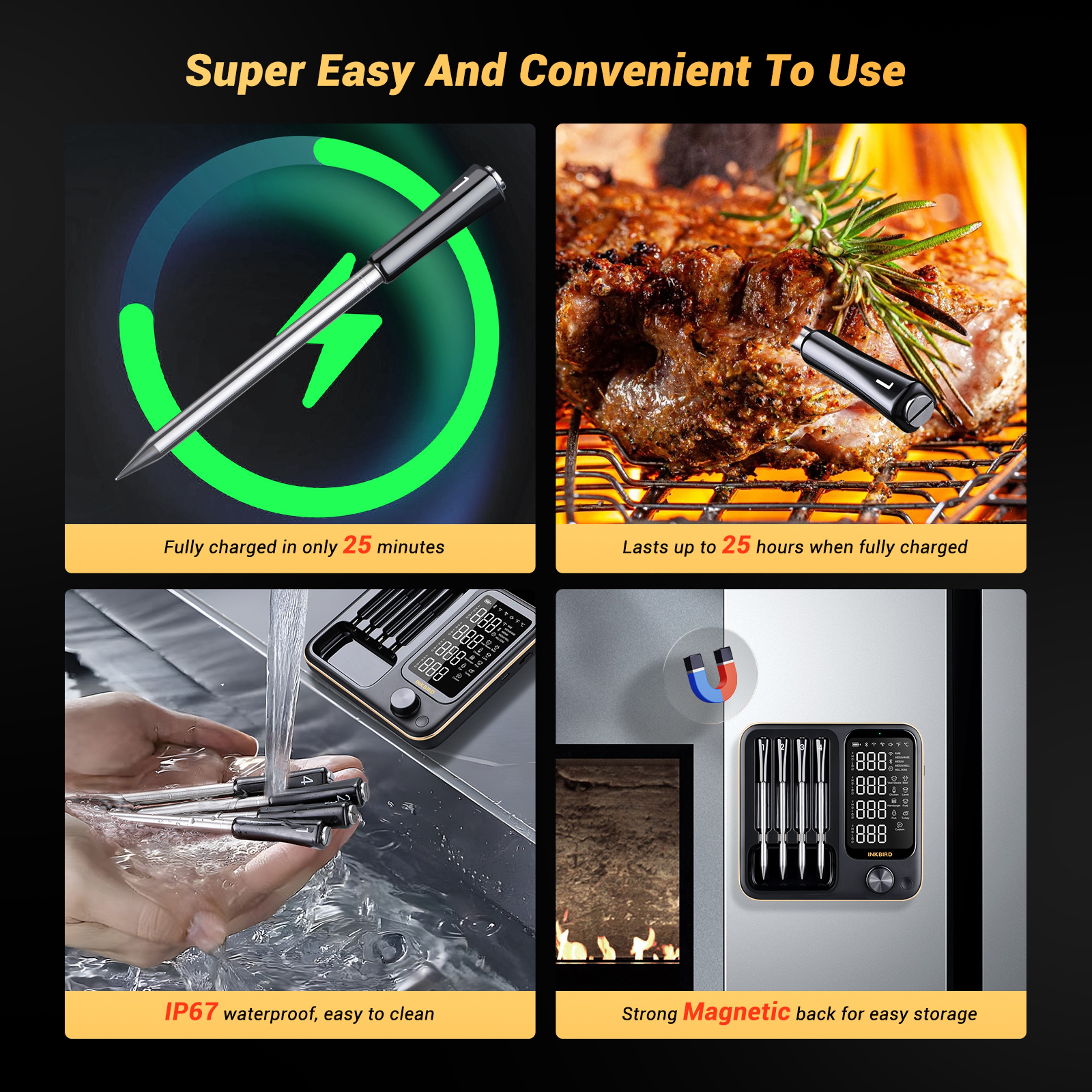 Wireless BBQ Meat Thermometer With 4 Probes IP67 Waterproof WiFi  Bluetooth Enabled For BBQ  Oven U 2