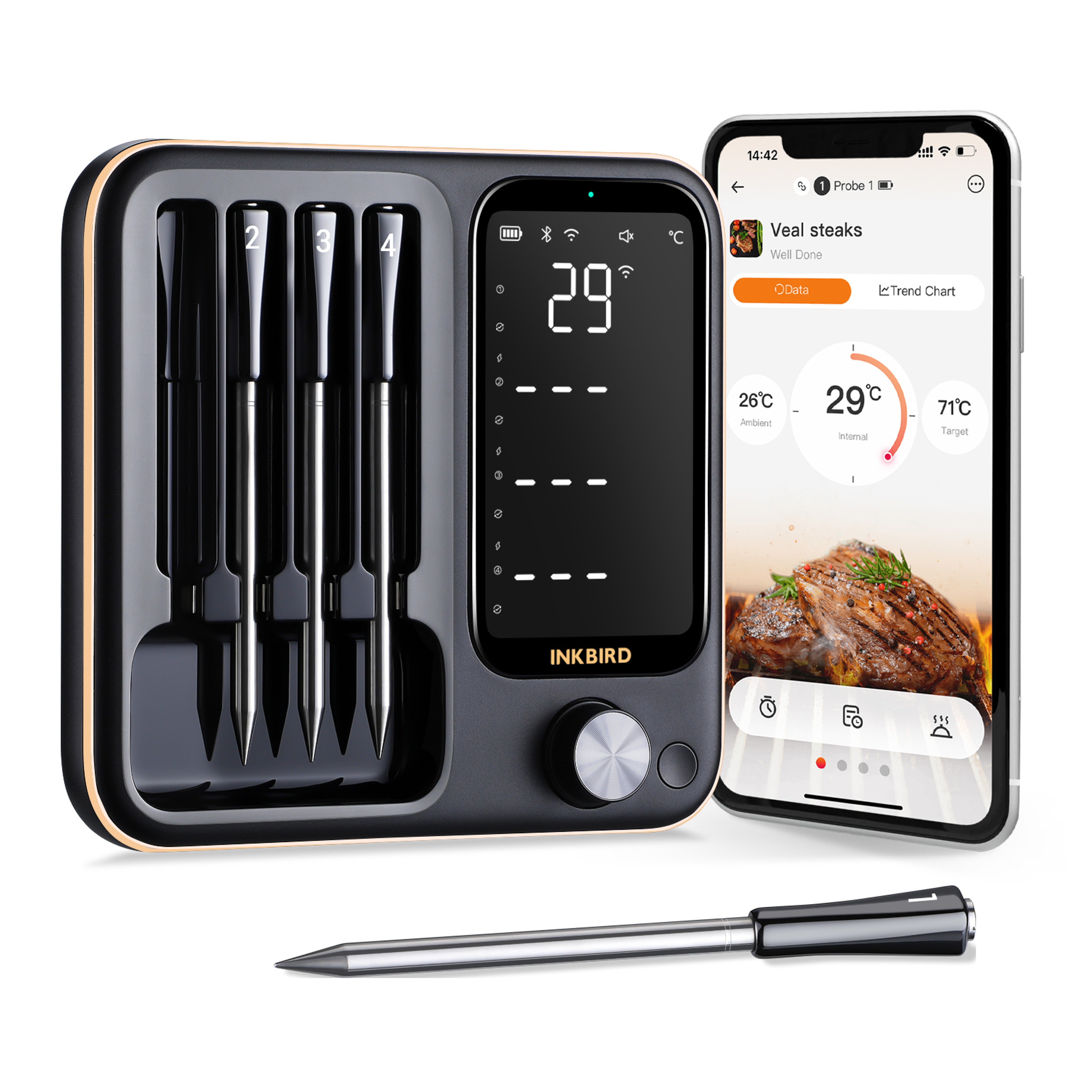 Wireless BBQ Meat Thermometer With 4 Probes IP67 Waterproof WiFi  Bluetooth Enabled For BBQ  Oven U 0