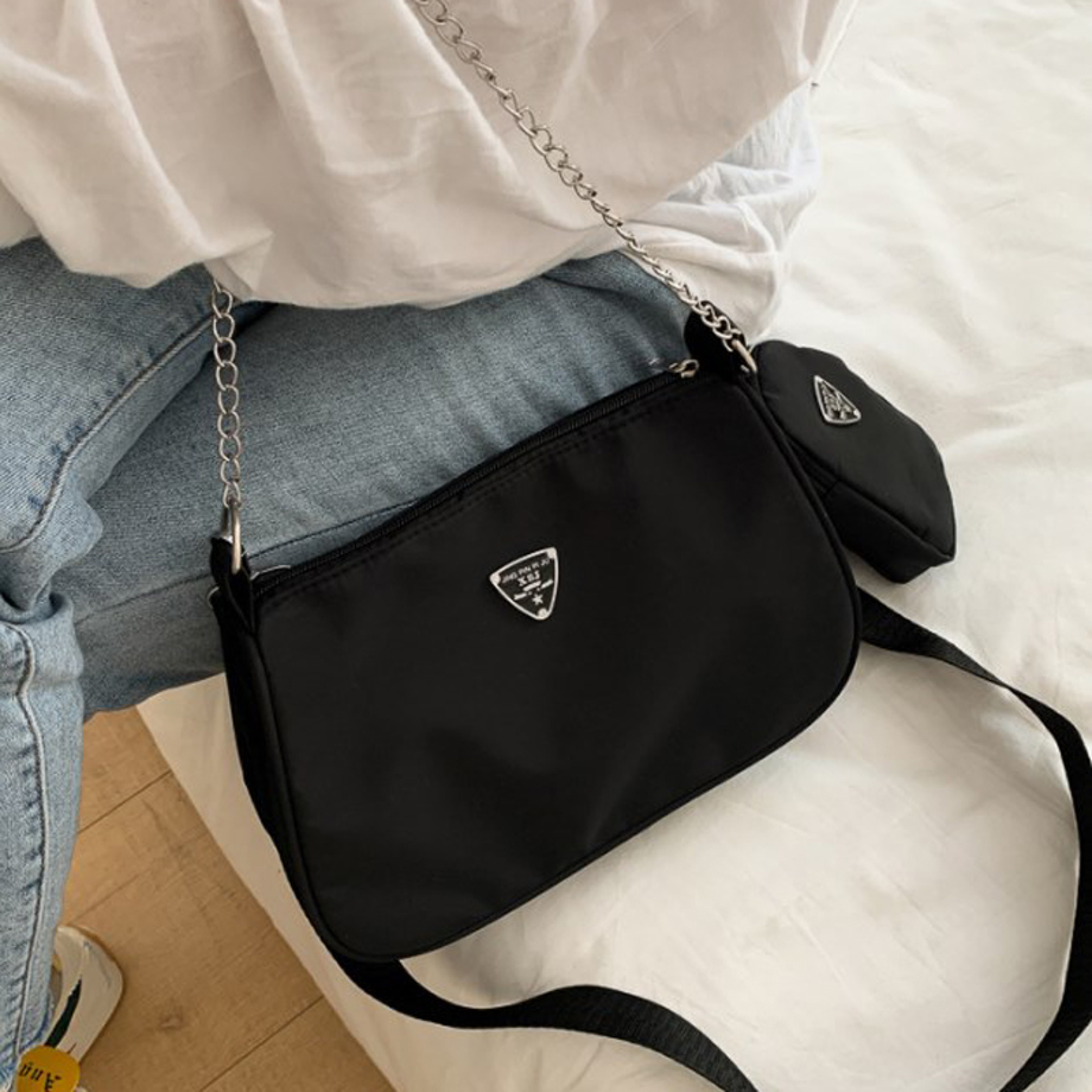 Stylish Nylon Shoulder Bag Set Chic Solid Color Handbags With Chain Strap For Everyday Use  Travel 3