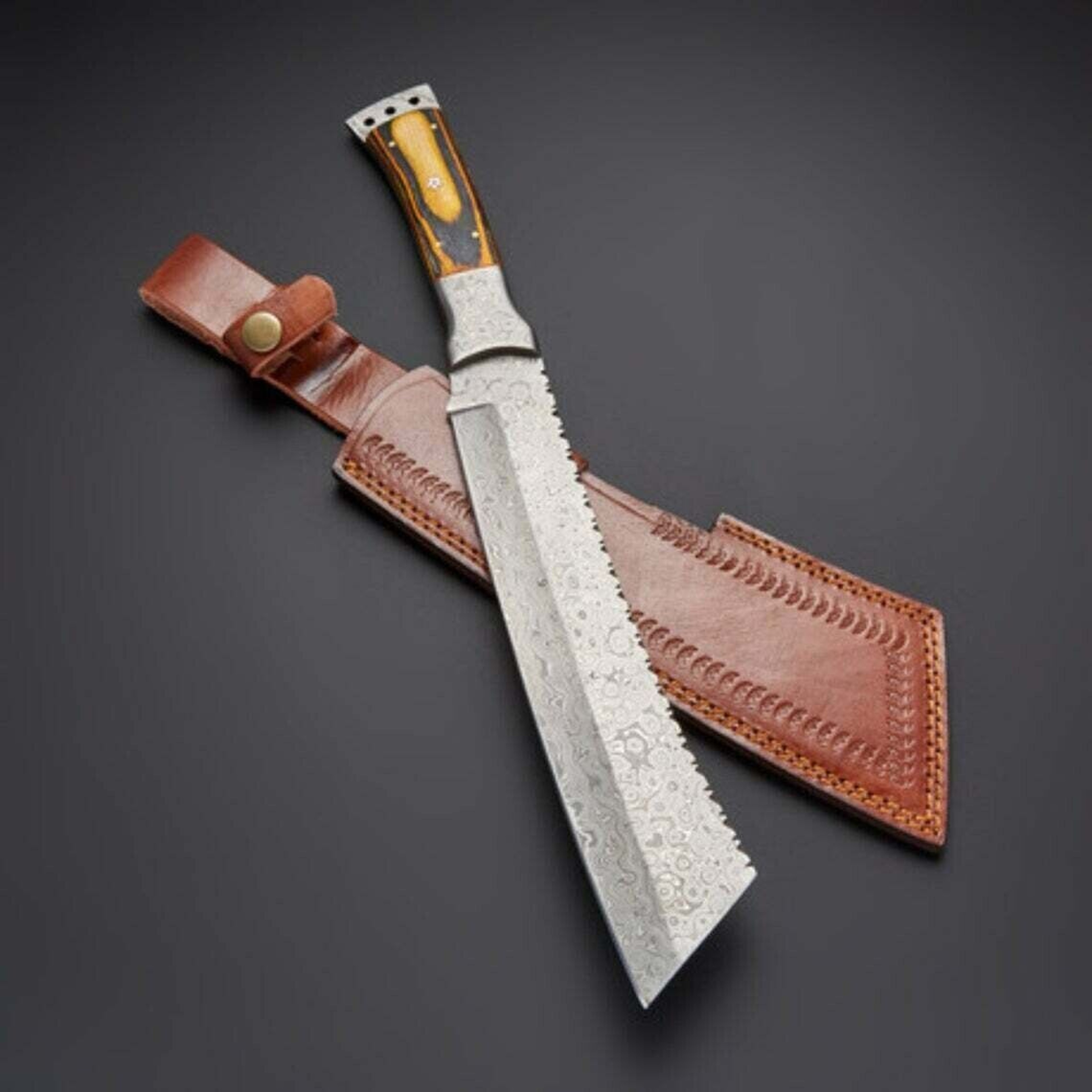CUSTOM HAND FORGED HANDMADE Damascus Steel CAMPING Machete,Hunting Knife/SHEATH – view 1
