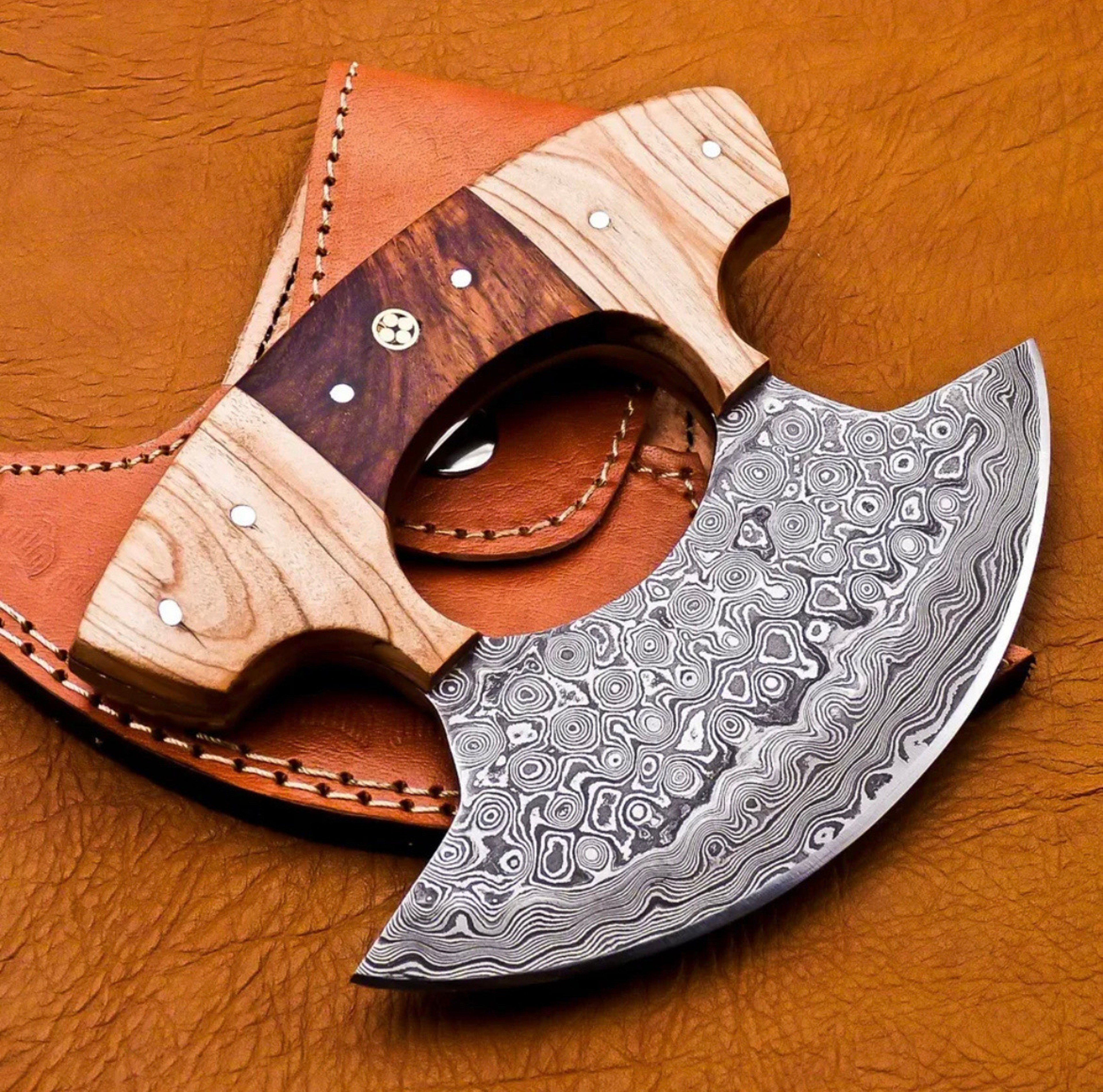 Handmade Damascus steel ulu knife pizza cutter – view 1