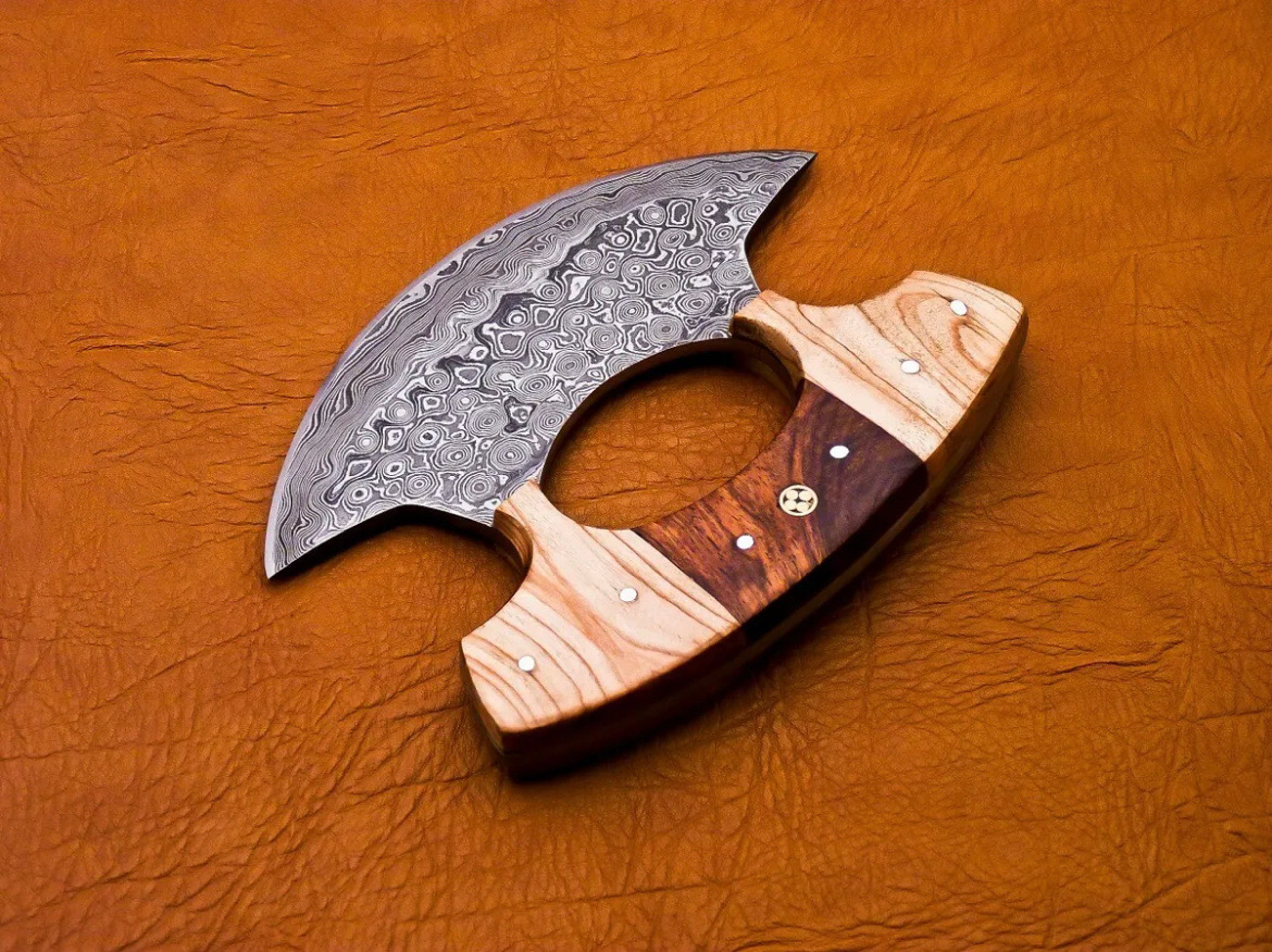 Handmade Damascus steel ulu knife pizza cutter – view 3