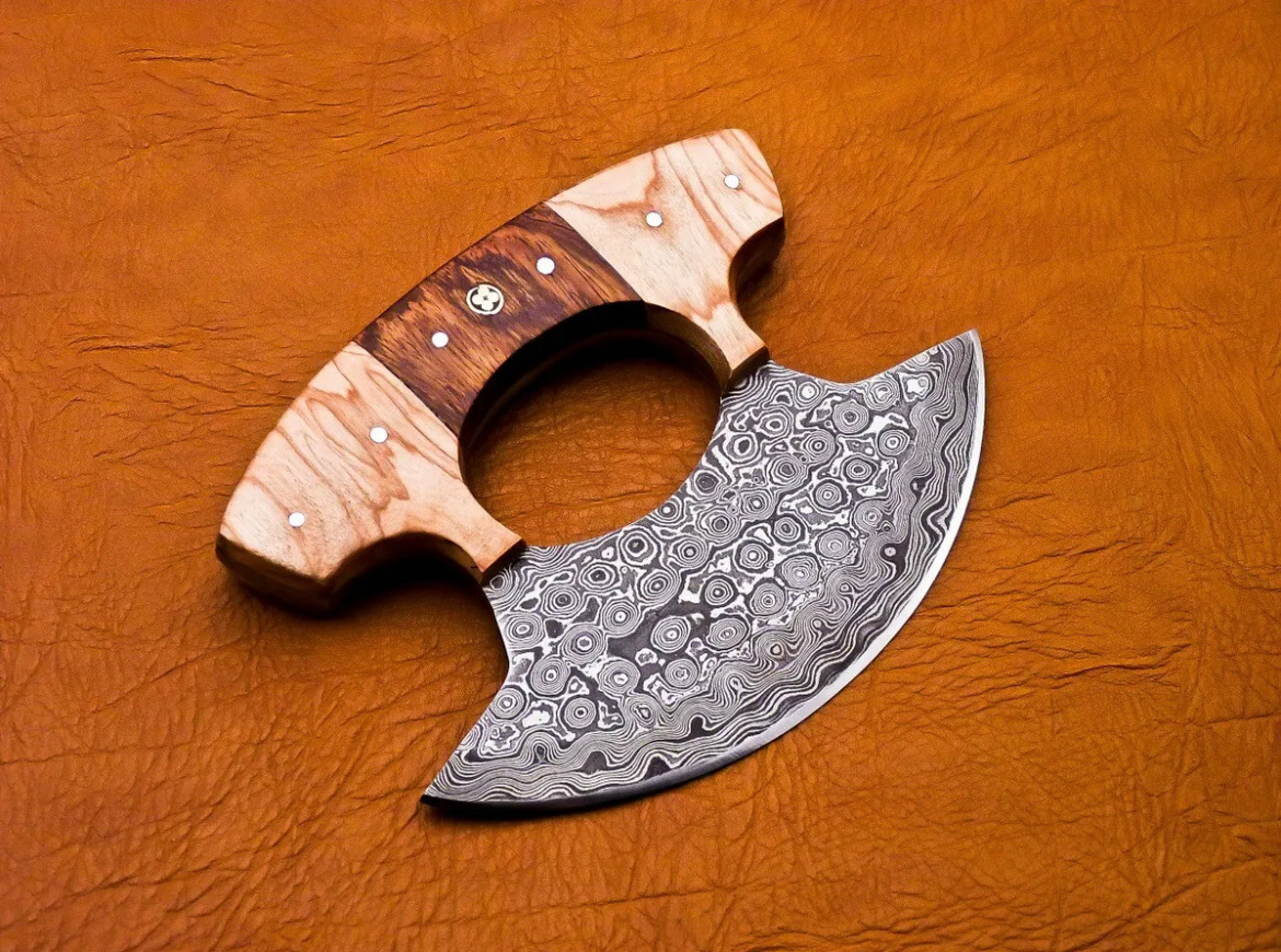 Handmade Damascus steel ulu knife pizza cutter – view 5