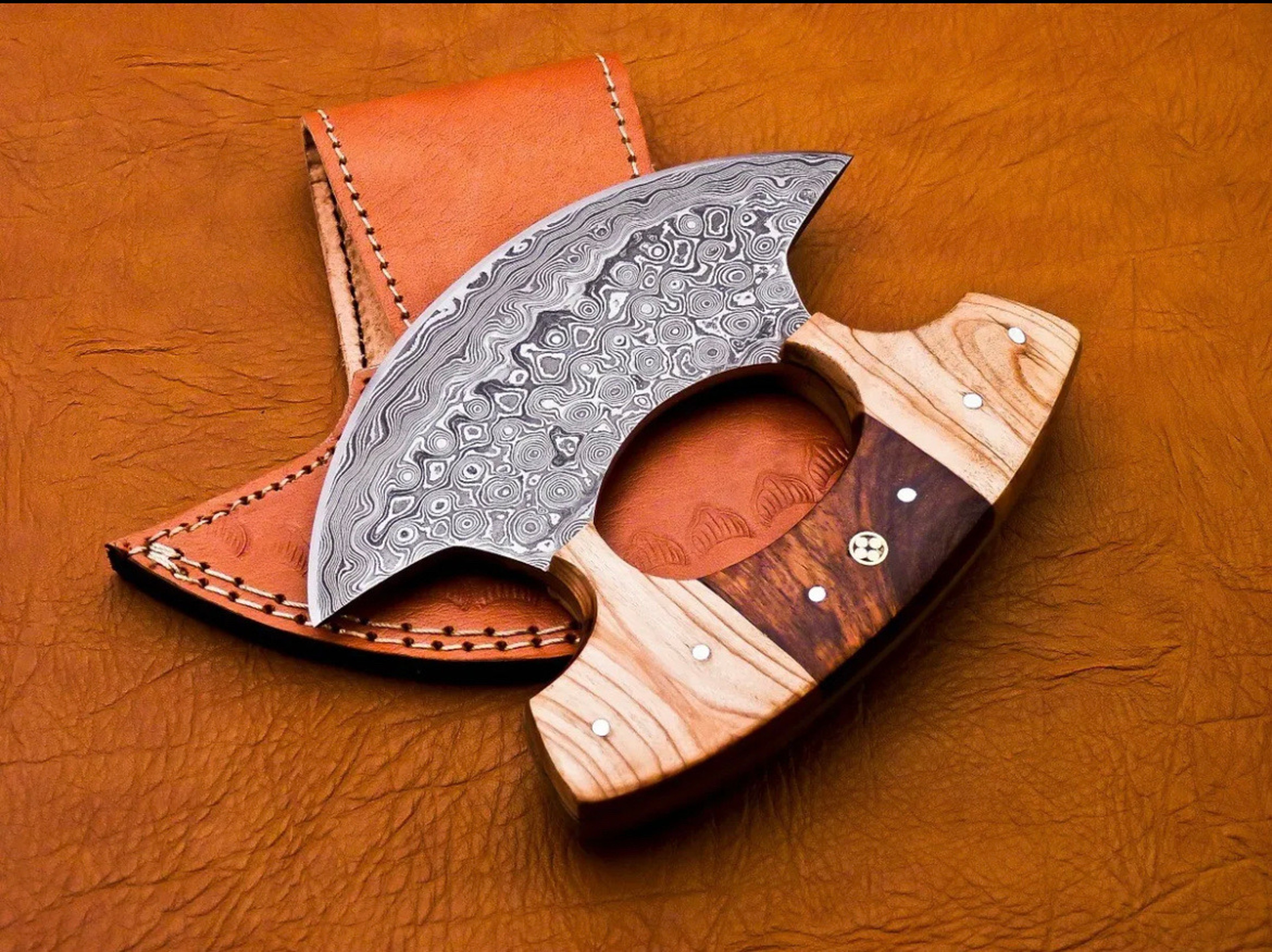Handmade Damascus steel ulu knife pizza cutter – view 6
