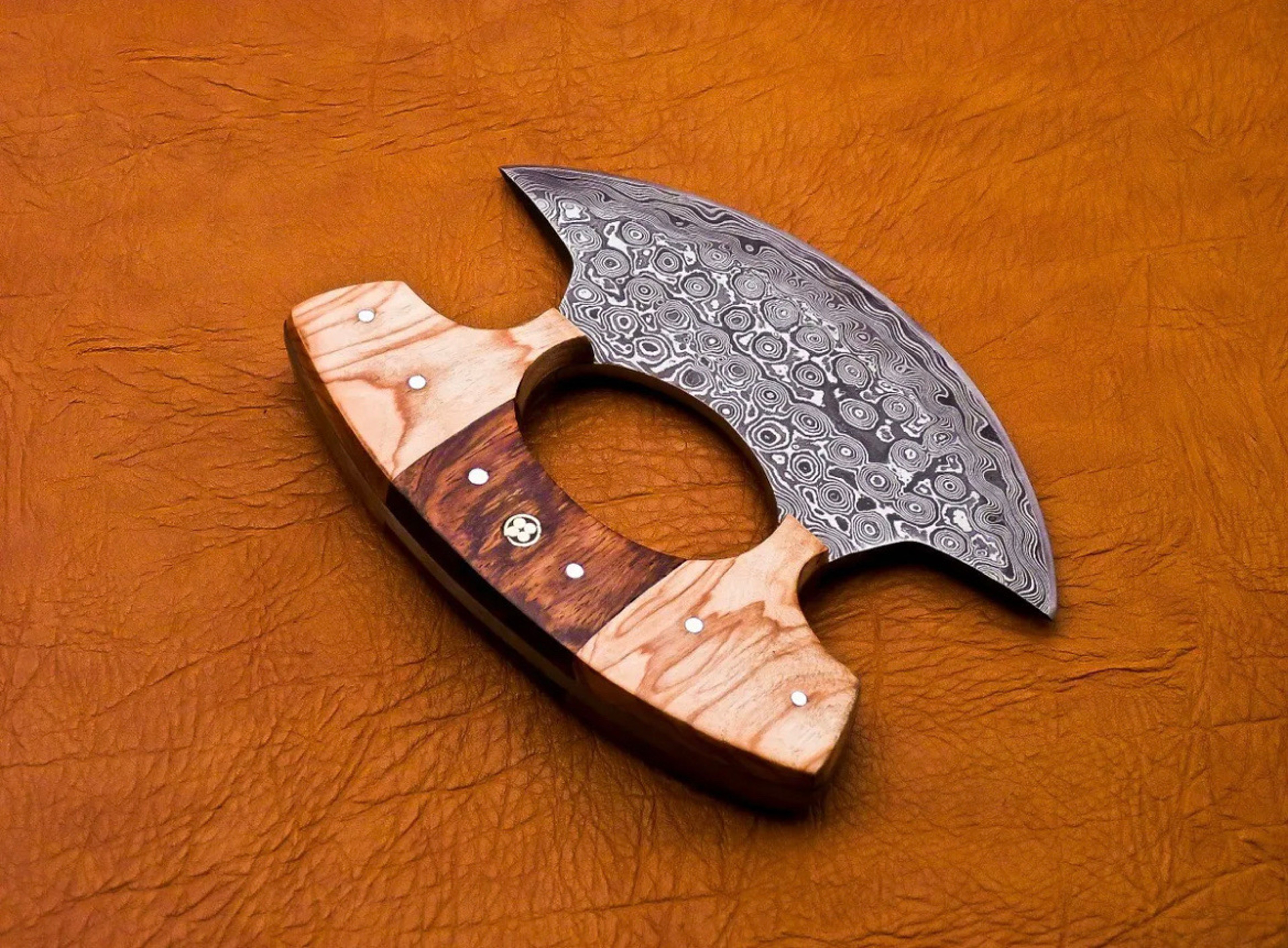 Handmade Damascus steel ulu knife pizza cutter – view 7
