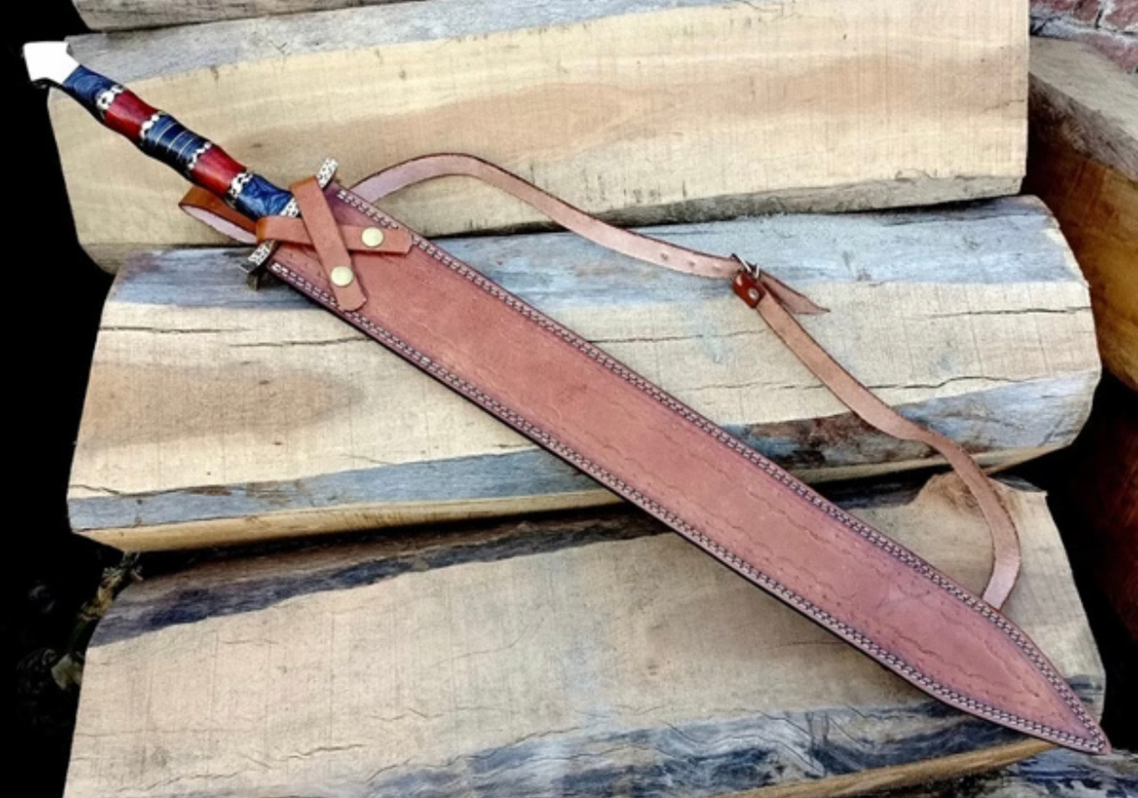 Custom Handmade Damascus Steel Double Edge Hunting Sword. – view 5