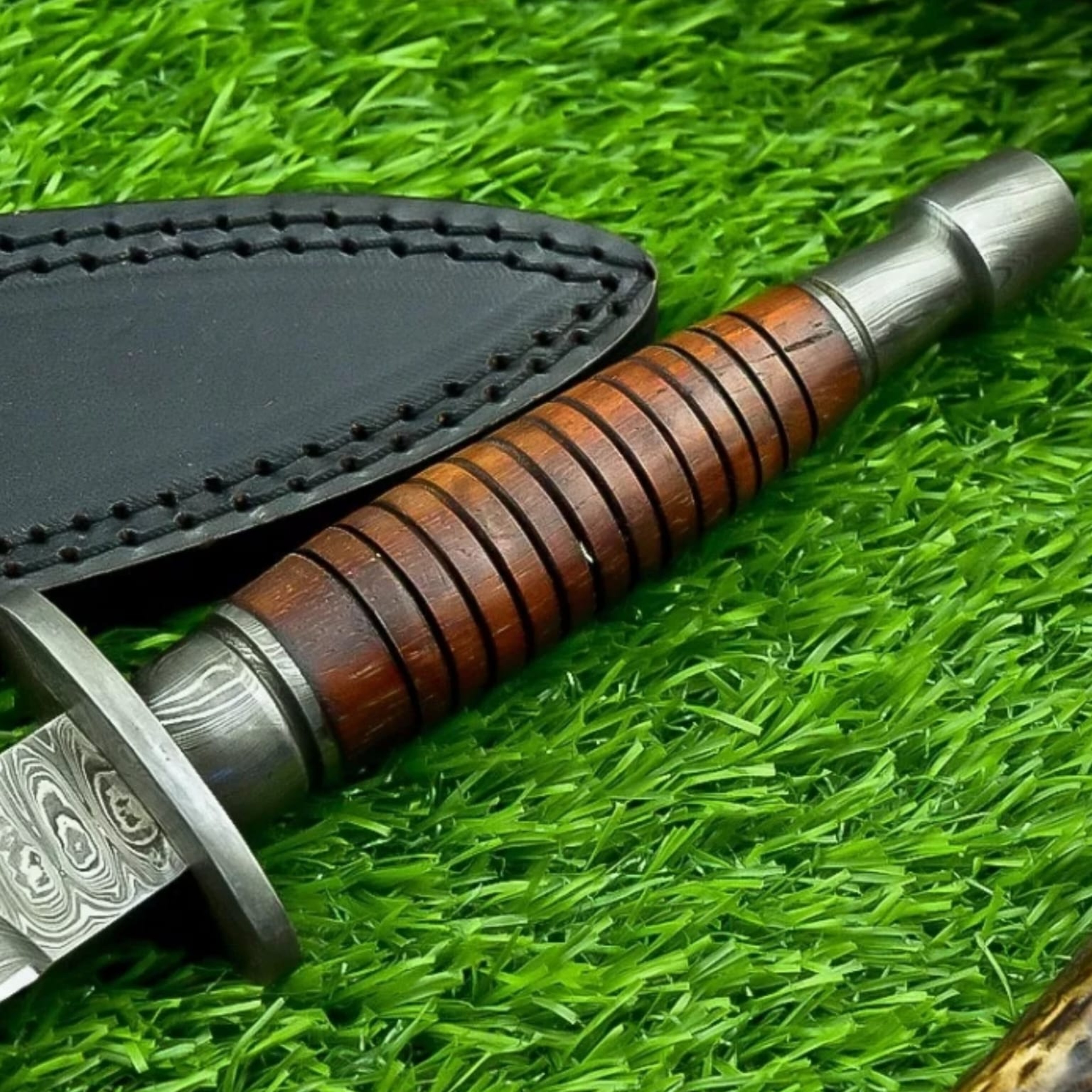 13" CUSTOM Handmade Hunting KNIFE Damascus Steel BLADE DAGGER HARD WOOD – view 3
