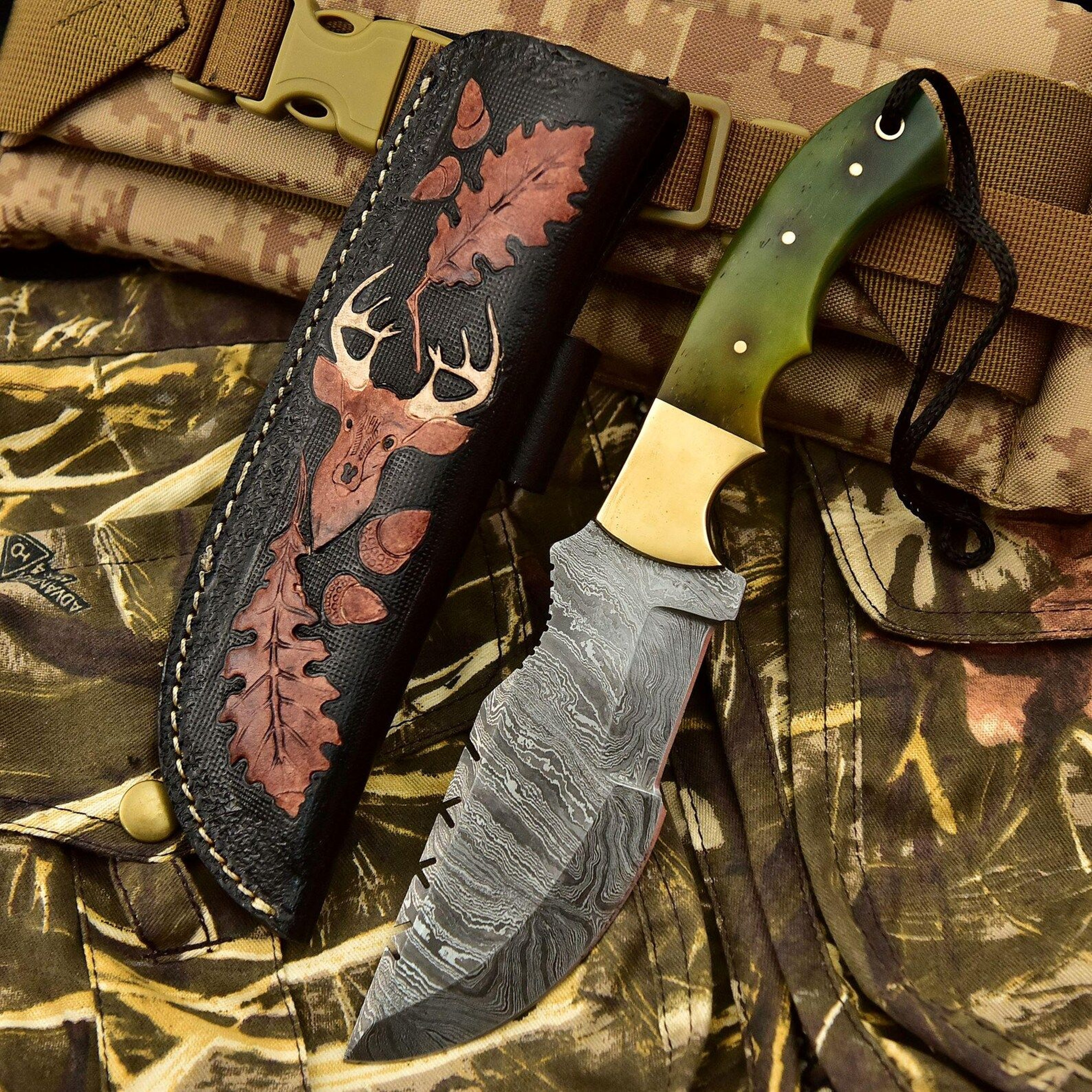 Handcrafted Damascus Tracker Knife With Natural Bone Handle And Full Tang Fixed Blade Hunting K 3
