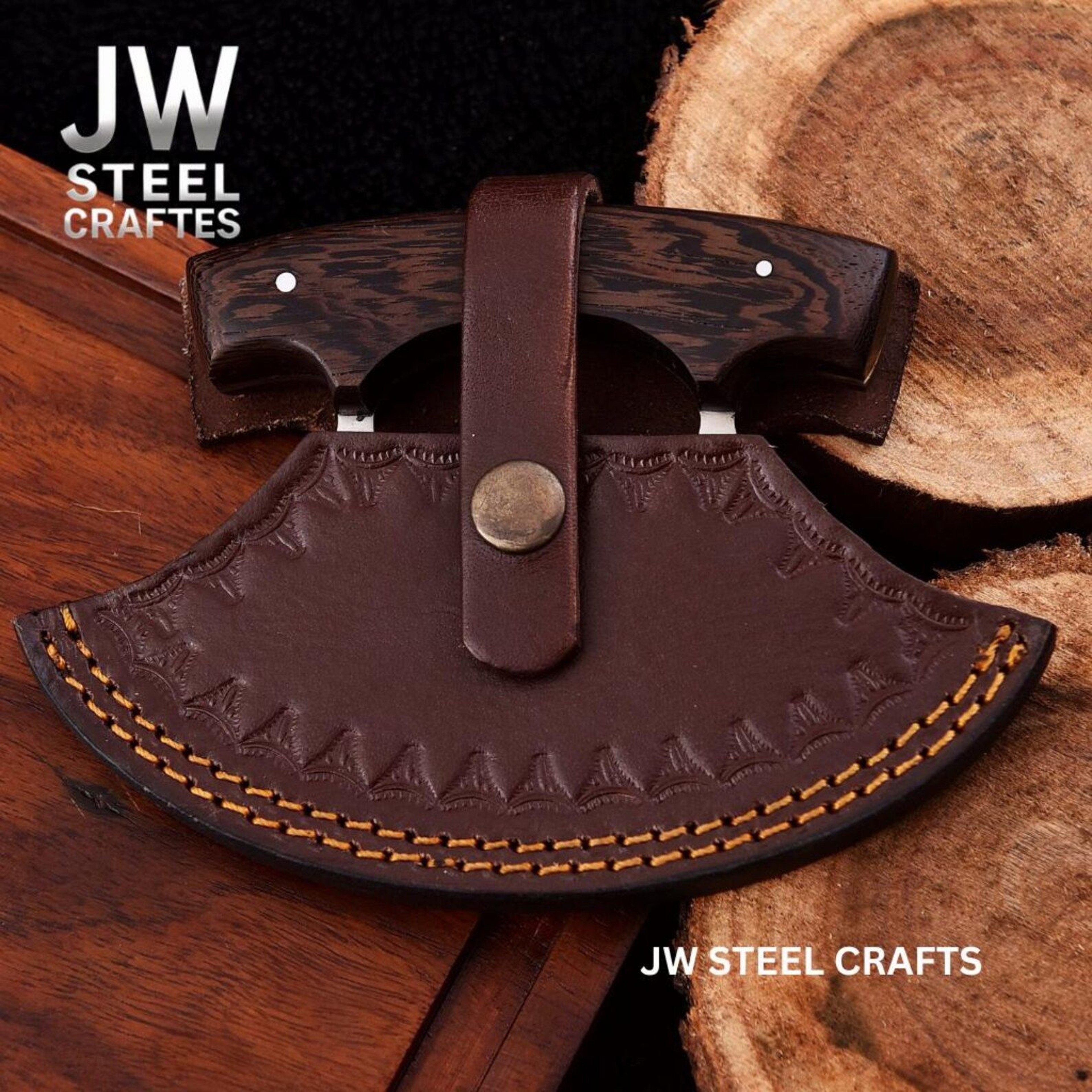 Handcrafted Ulu Style Kitchen Knife With Wenge Wood Handle And Leather Sheath For Smooth Choppi 2