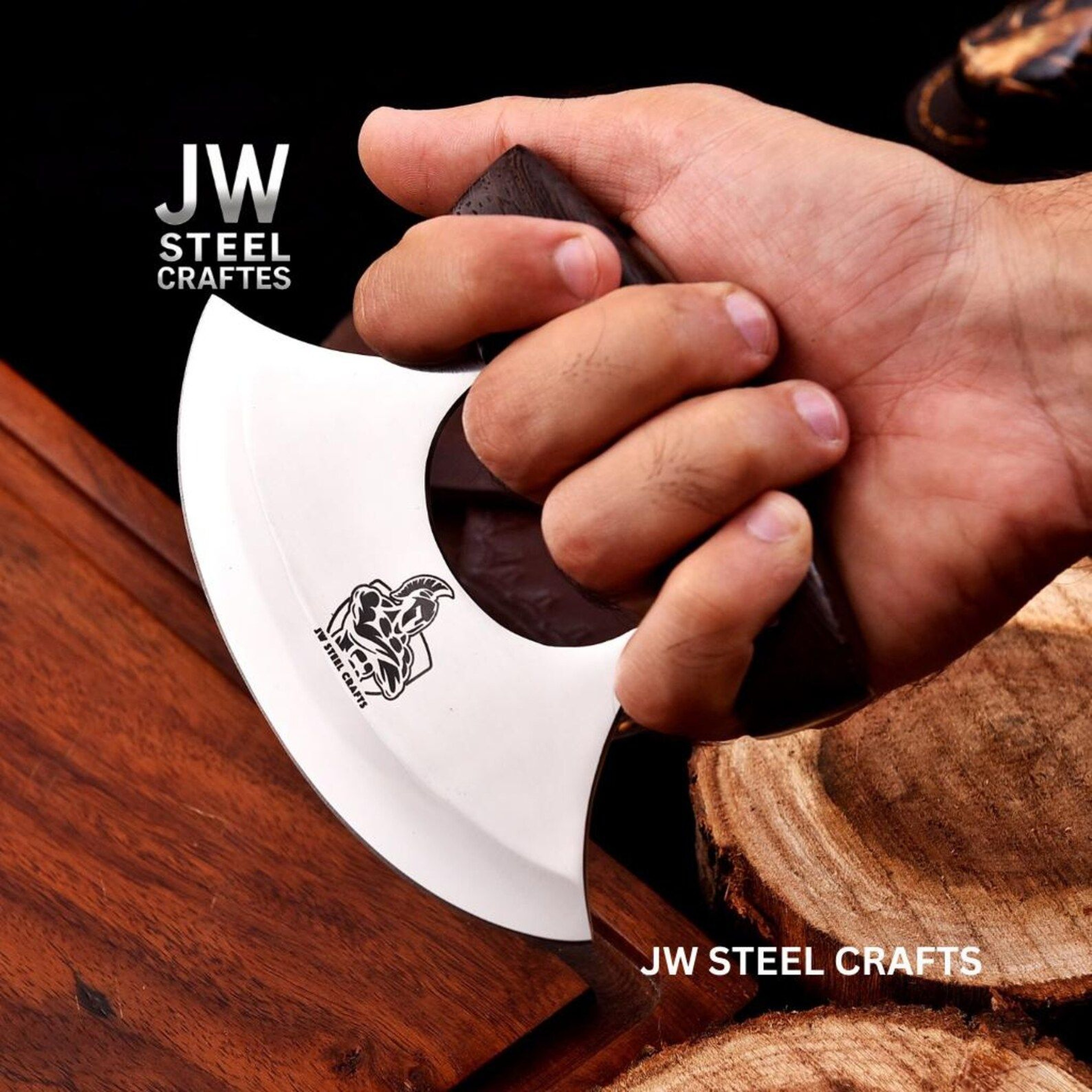 Handcrafted Ulu Style Kitchen Knife With Wenge Wood Handle And Leather Sheath For Smooth Choppi 3