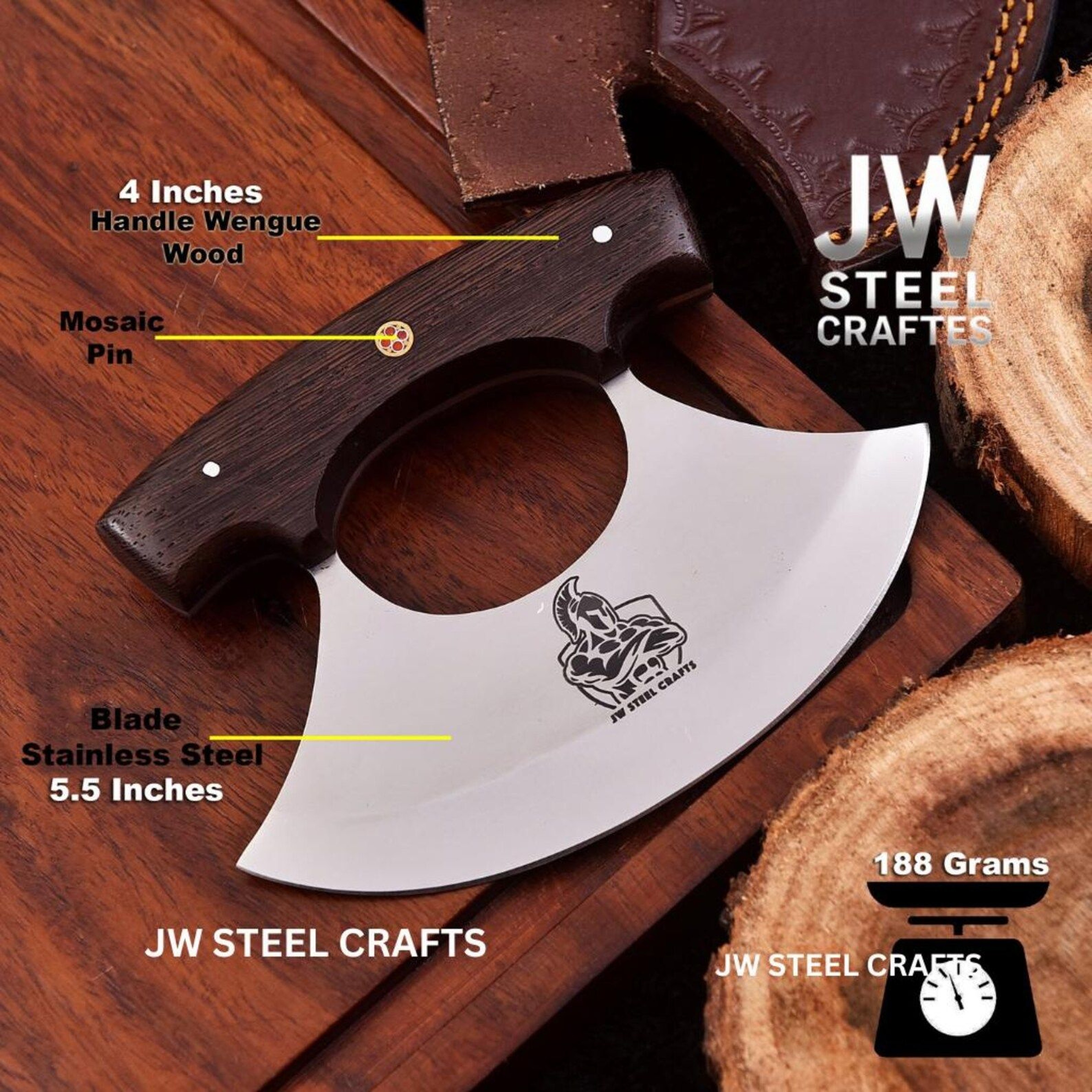 Handcrafted Ulu Style Kitchen Knife With Wenge Wood Handle And Leather Sheath For Smooth Choppi 4
