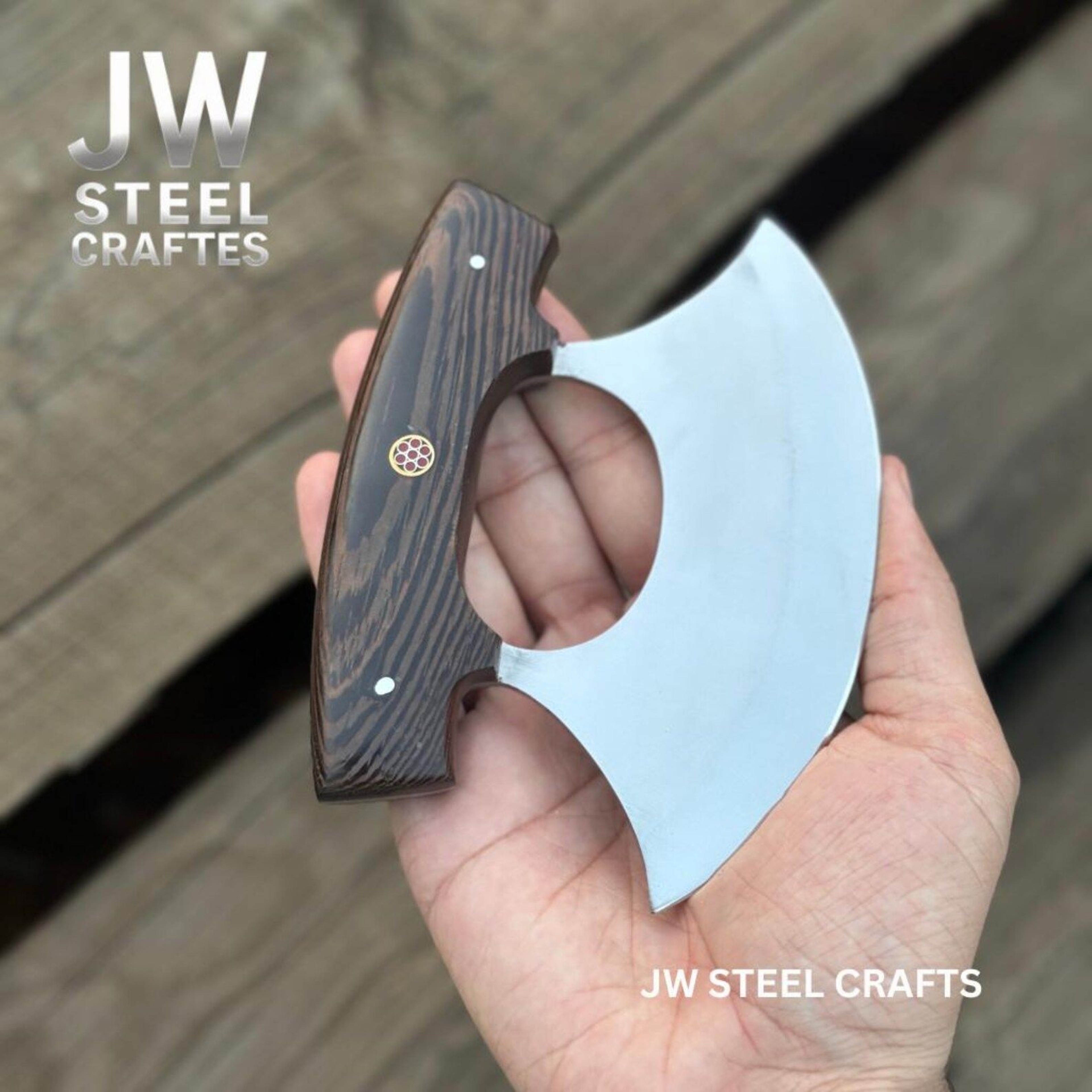 Handcrafted Ulu Style Kitchen Knife With Wenge Wood Handle And Leather Sheath For Smooth Choppi 7