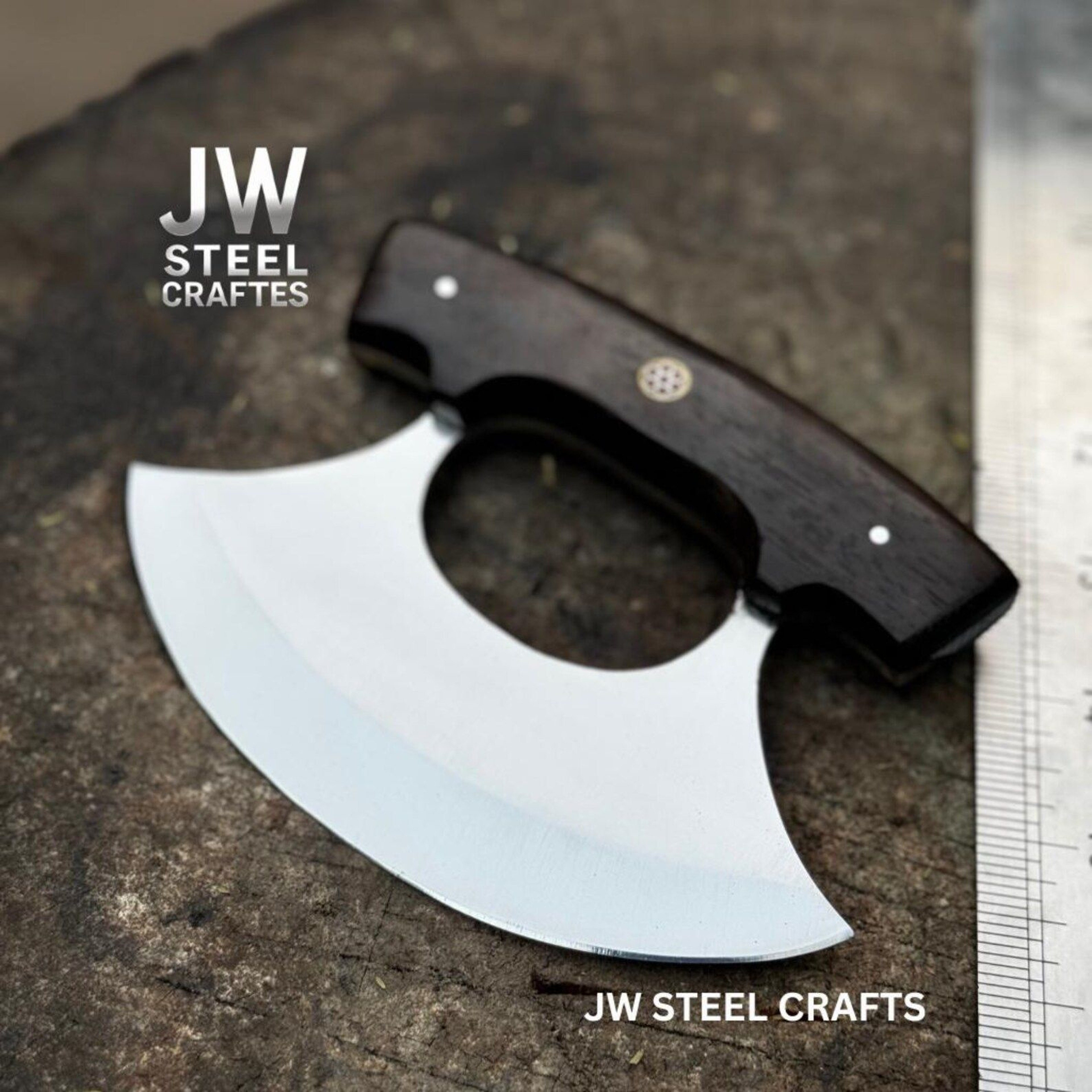 Handcrafted Ulu Style Kitchen Knife With Wenge Wood Handle And Leather Sheath For Smooth Choppi 8