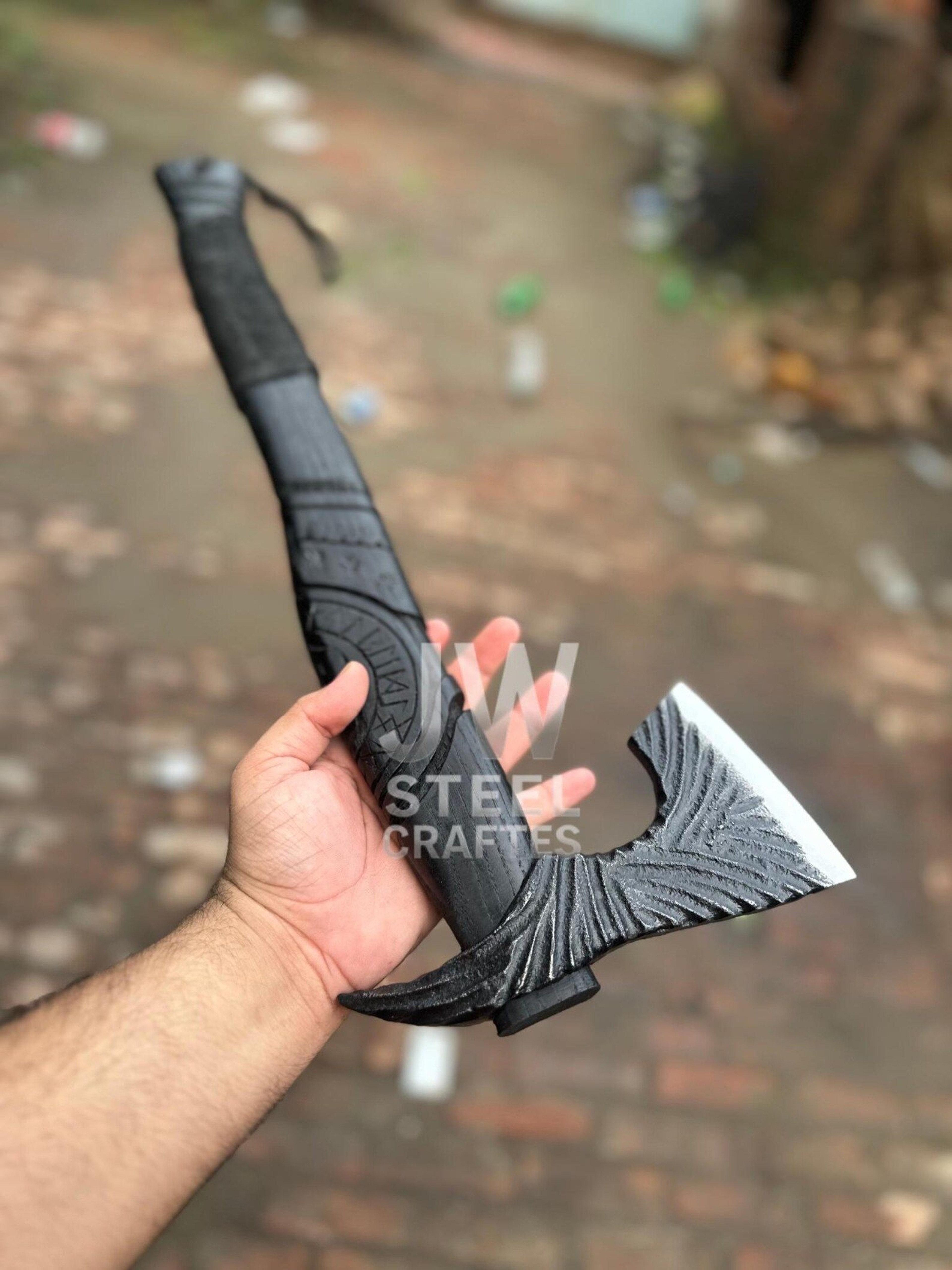 Handmade Viking Axe With Engraved Bearded Blade Carved Wooden Handle And Custom Leather Sheath 0