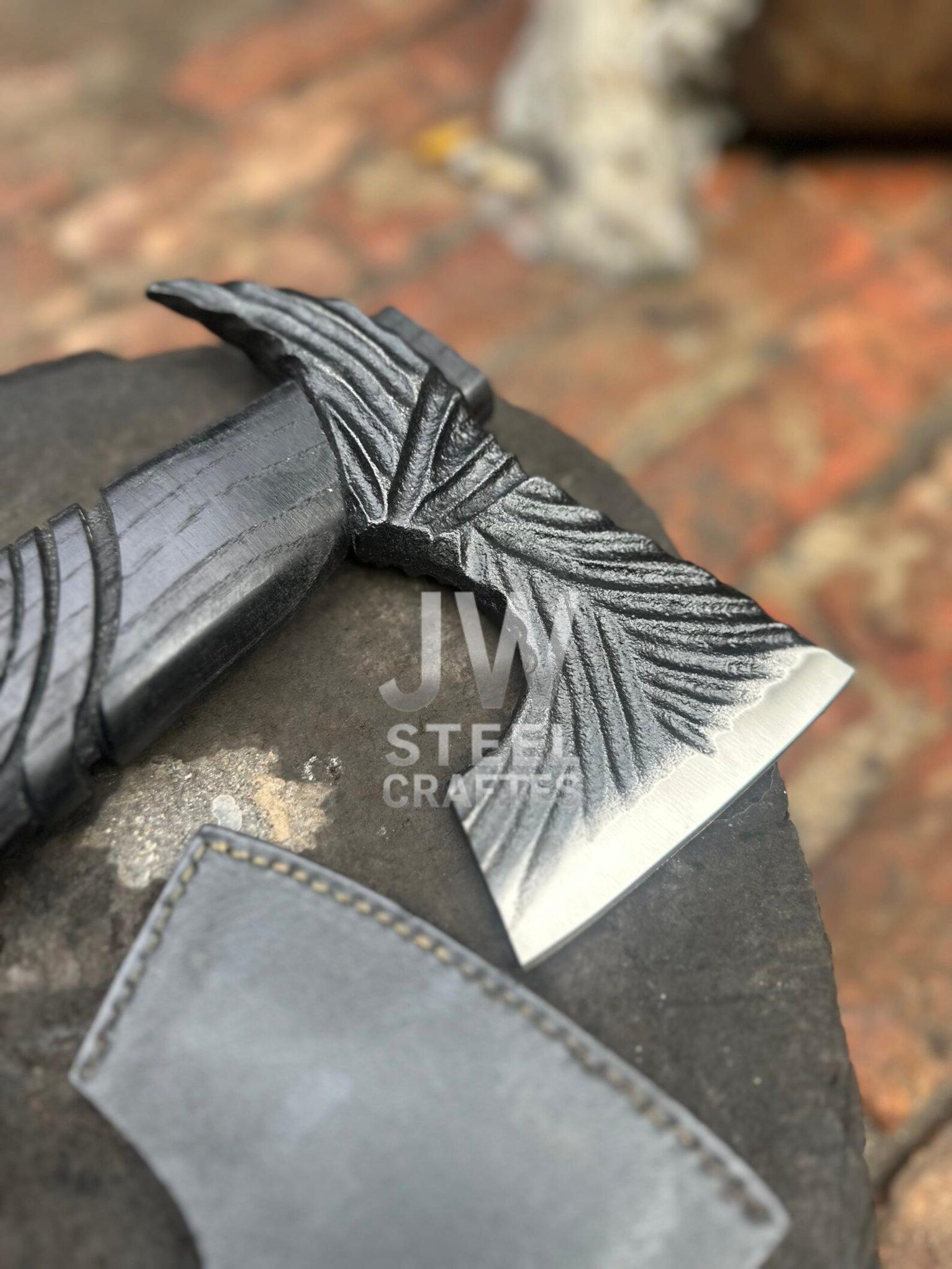 Handmade Viking Axe With Engraved Bearded Blade Carved Wooden Handle And Custom Leather Sheath 3