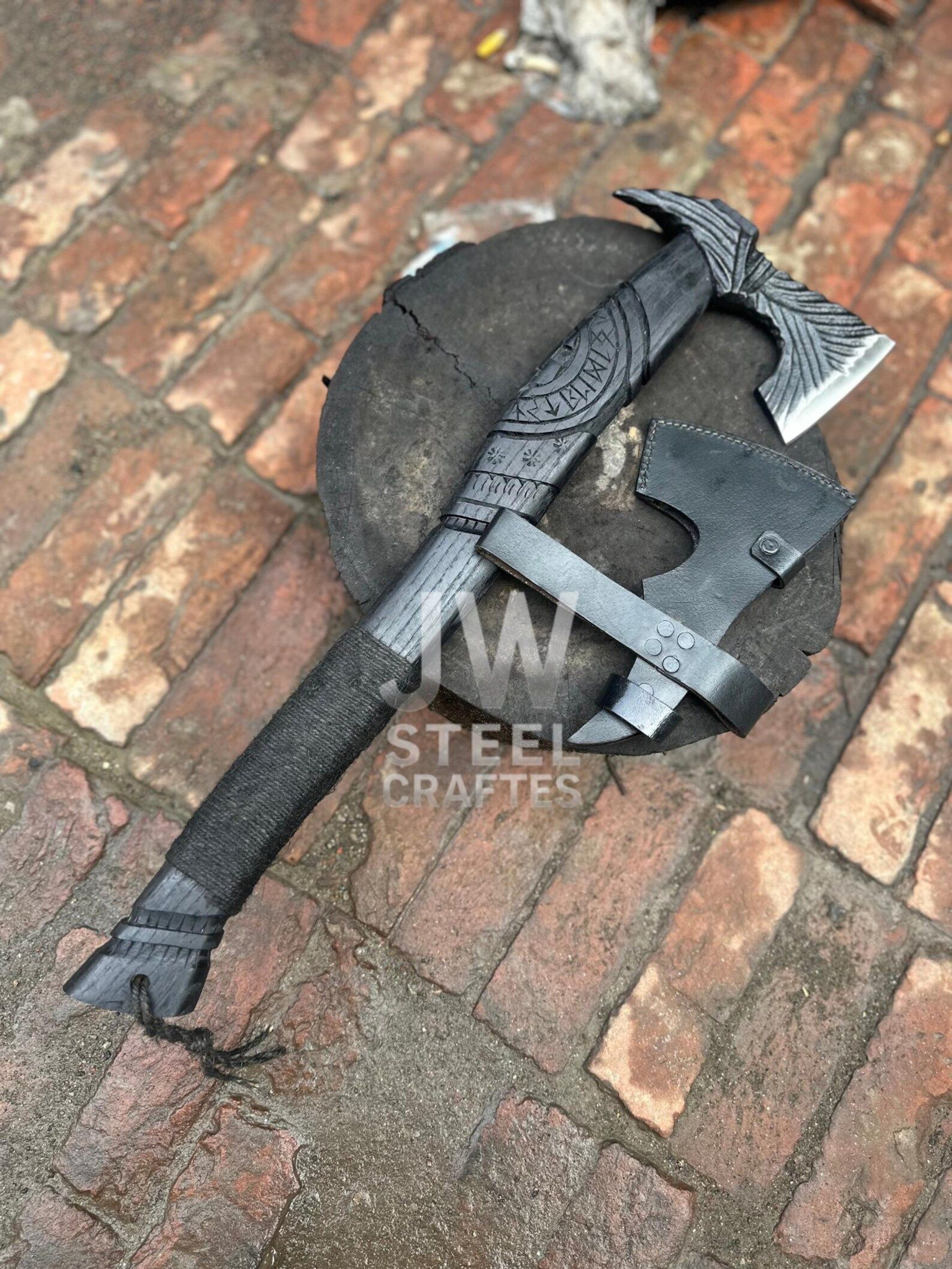 Handmade Viking Axe With Engraved Bearded Blade Carved Wooden Handle And Custom Leather Sheath 4