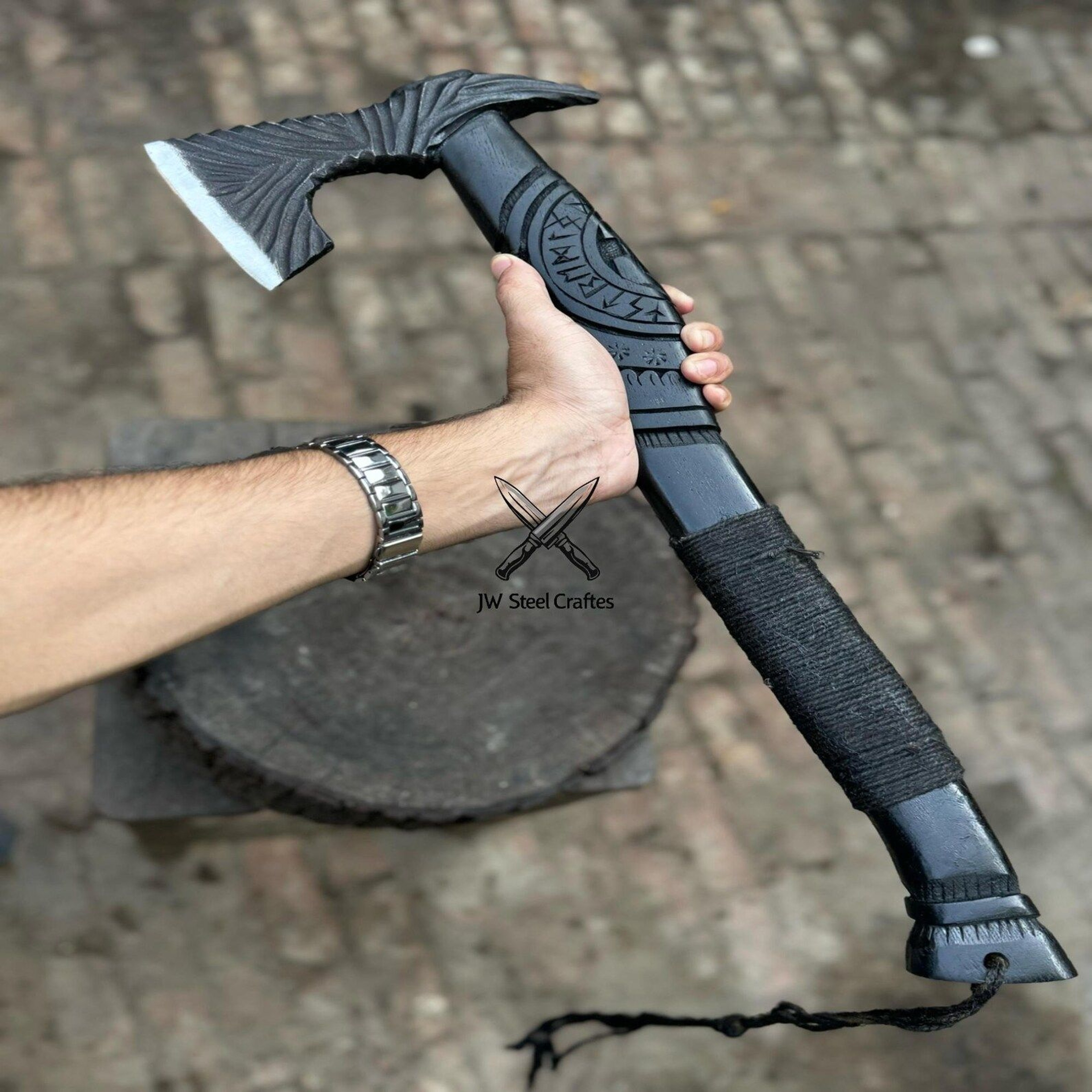 Handmade Viking Axe With Engraved Bearded Blade Carved Wooden Handle And Custom Leather Sheath 6