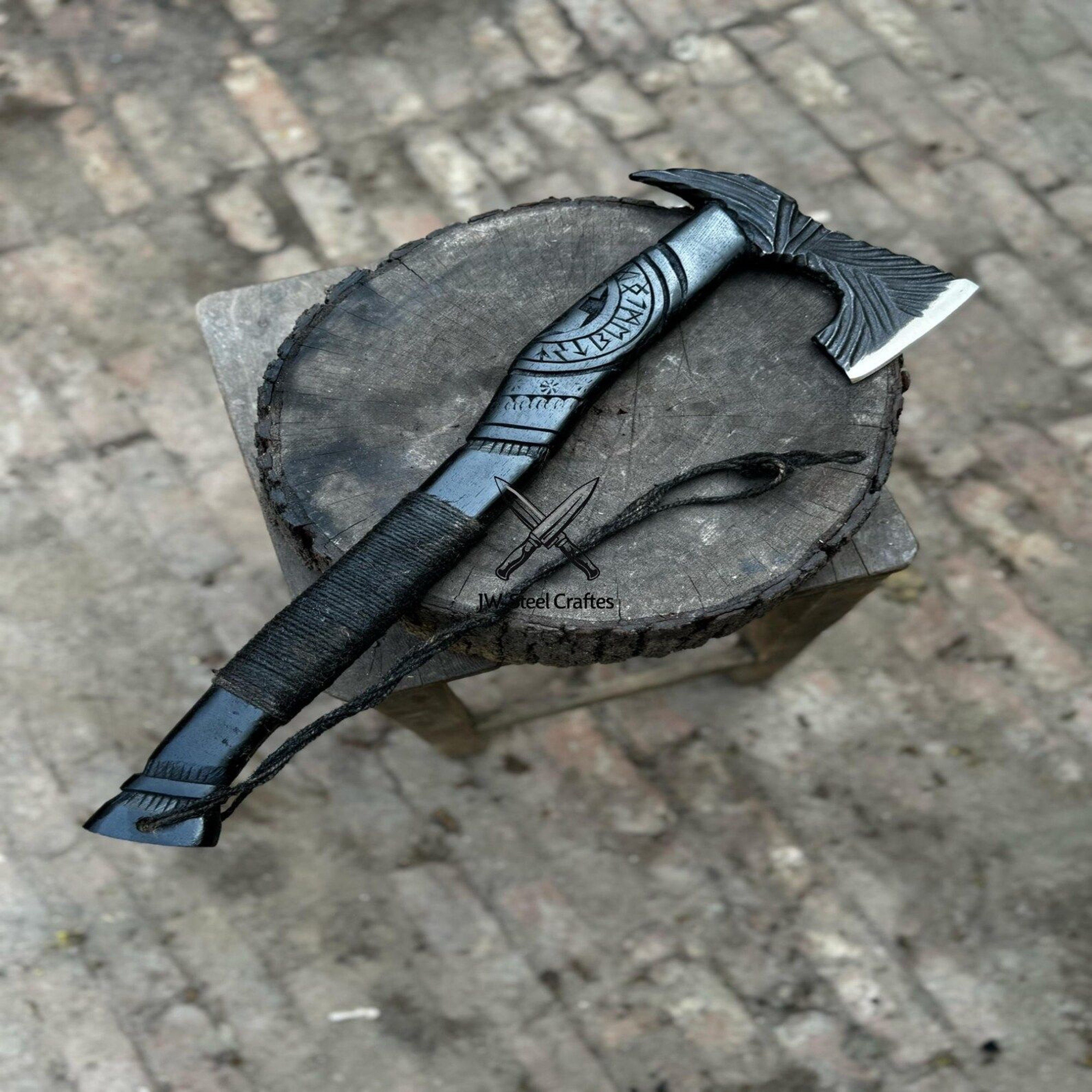Handmade Viking Axe With Engraved Bearded Blade Carved Wooden Handle And Custom Leather Sheath 7