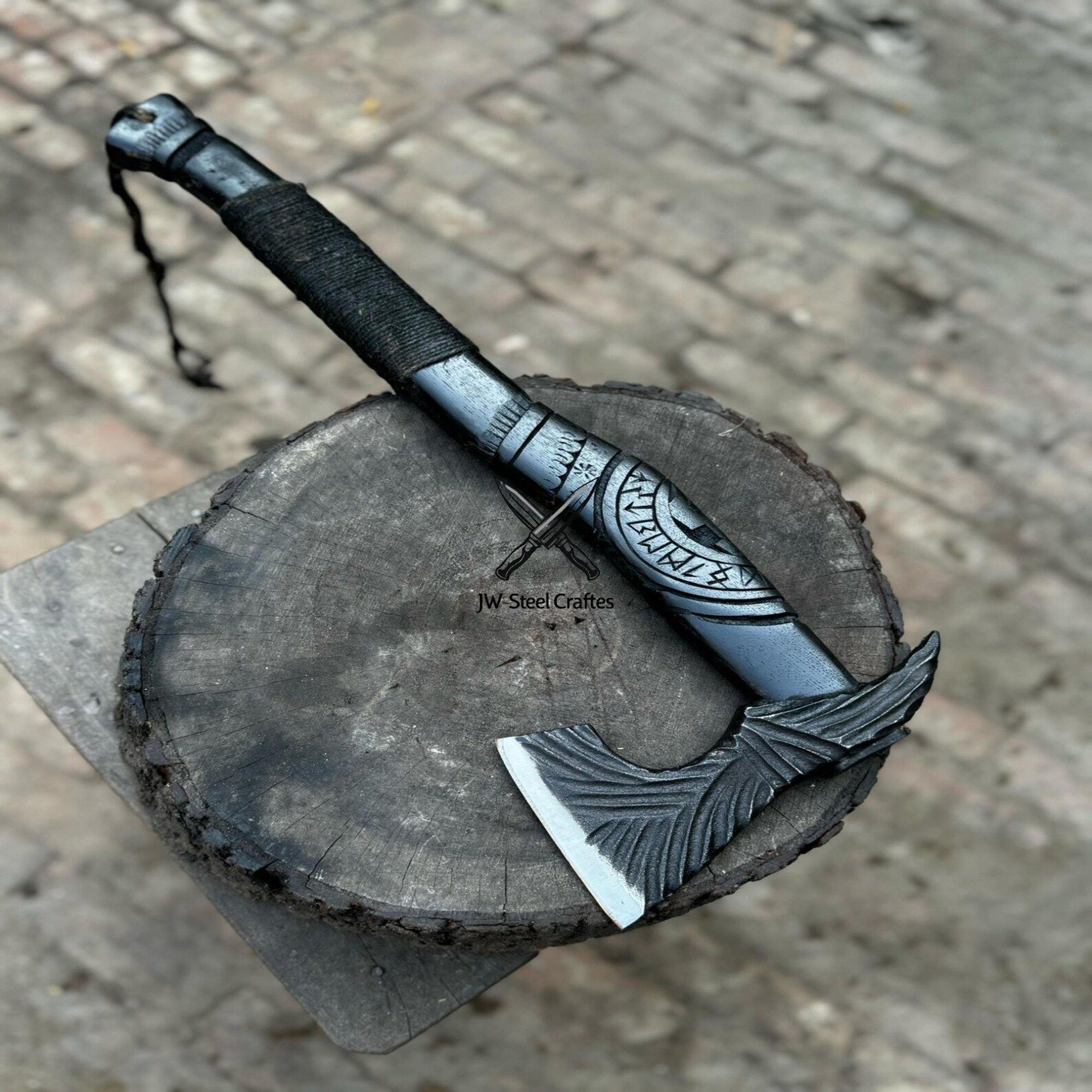 Handmade Viking Axe With Engraved Bearded Blade Carved Wooden Handle And Custom Leather Sheath 8