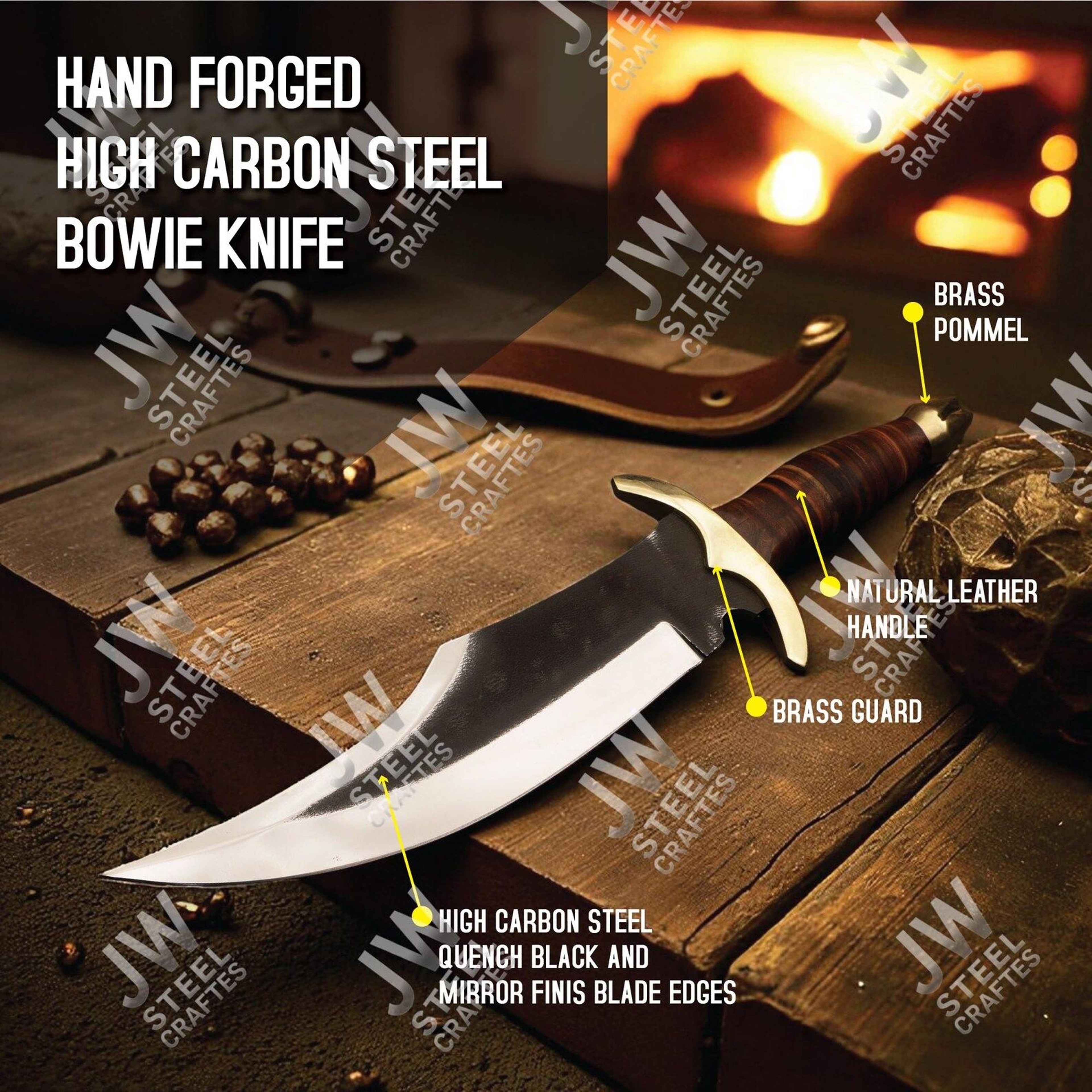 Handcrafted Hand Forged High Carbon Steel Bowie Knife With Genuine Leather Handle Brass Guard A 5