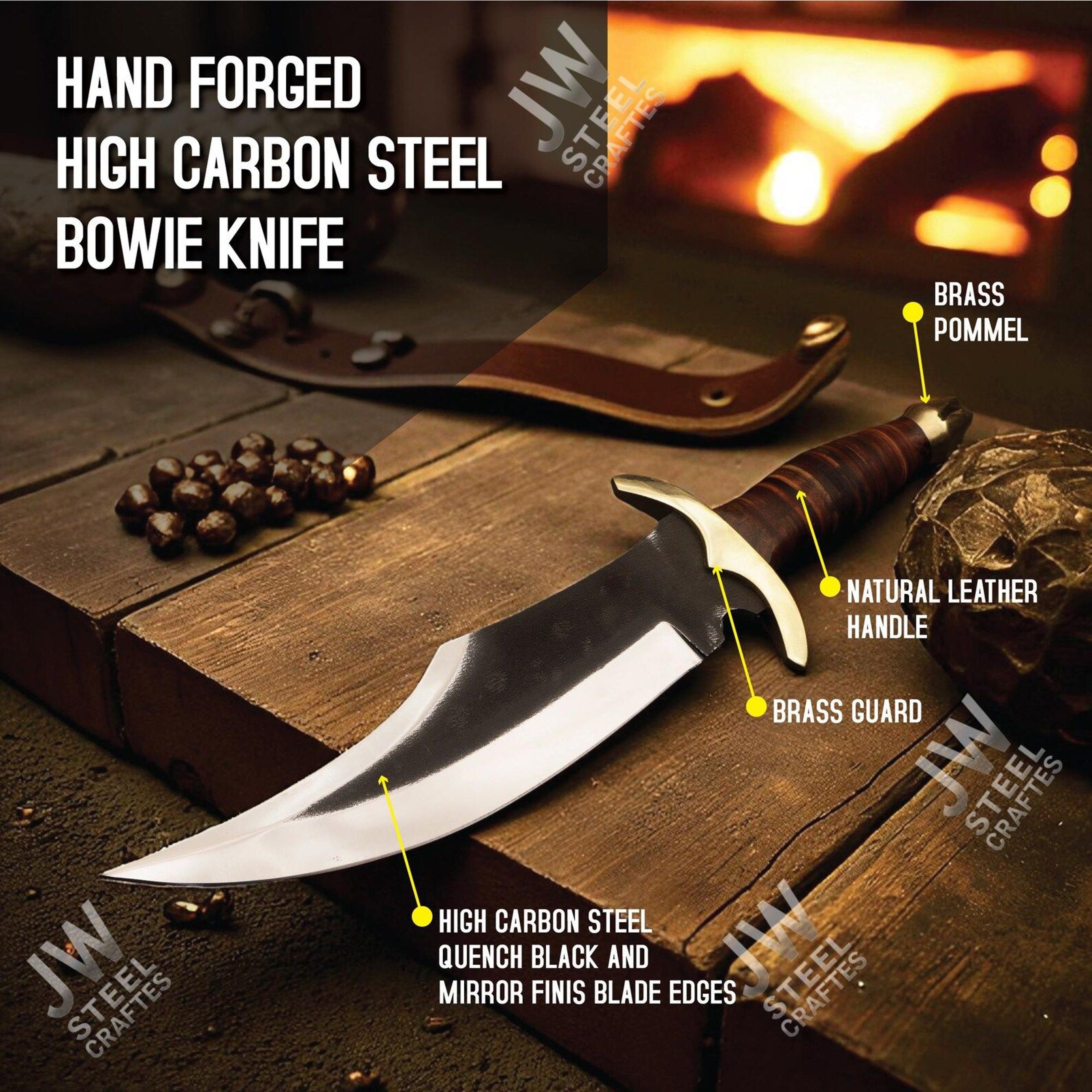 Handcrafted Hand Forged High Carbon Steel Bowie Knife With Genuine Leather Handle Brass Guard A 7