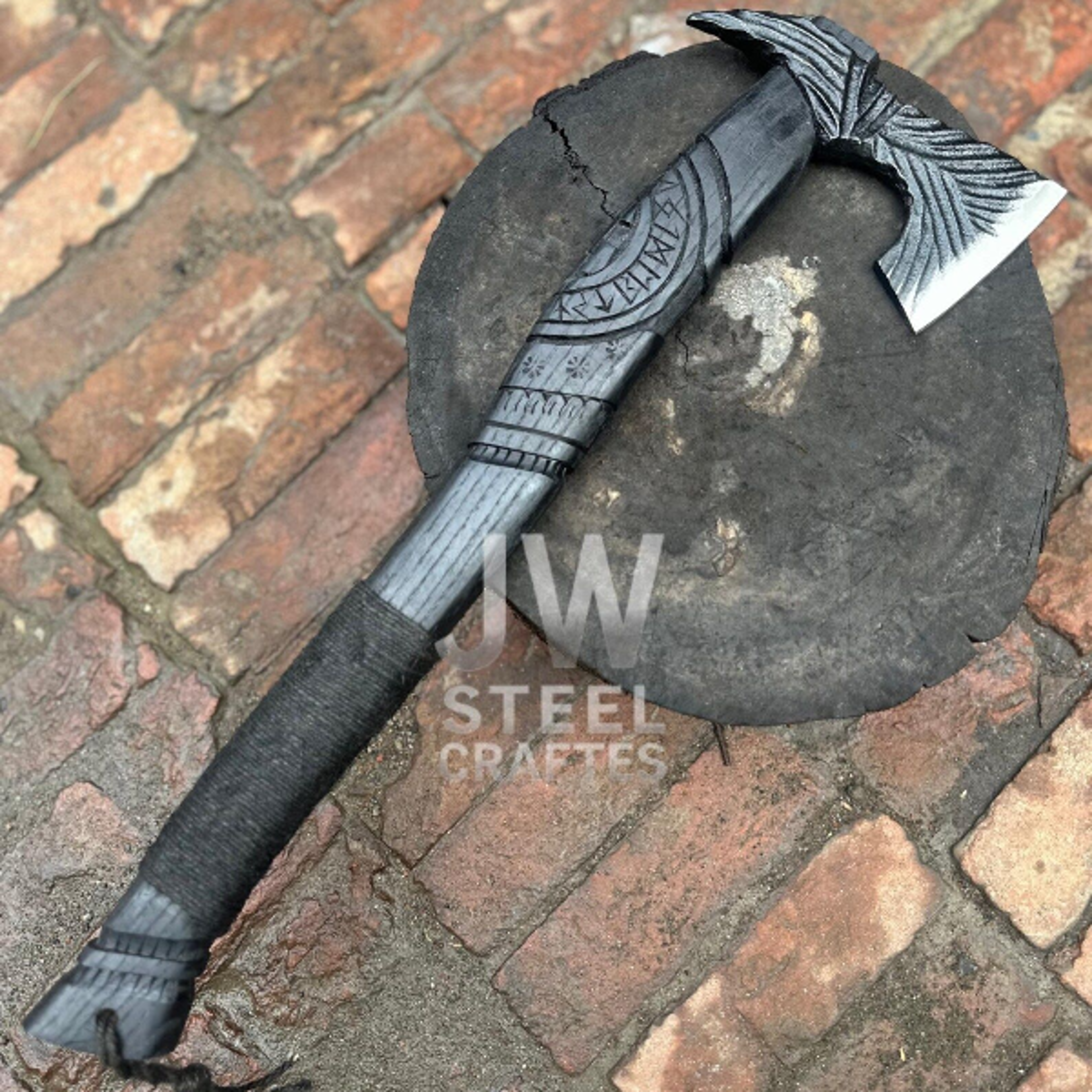 Handmade Viking Axe With Engraved Bearded Blade Carved Wooden Handle And Custom Leather Sheath 2