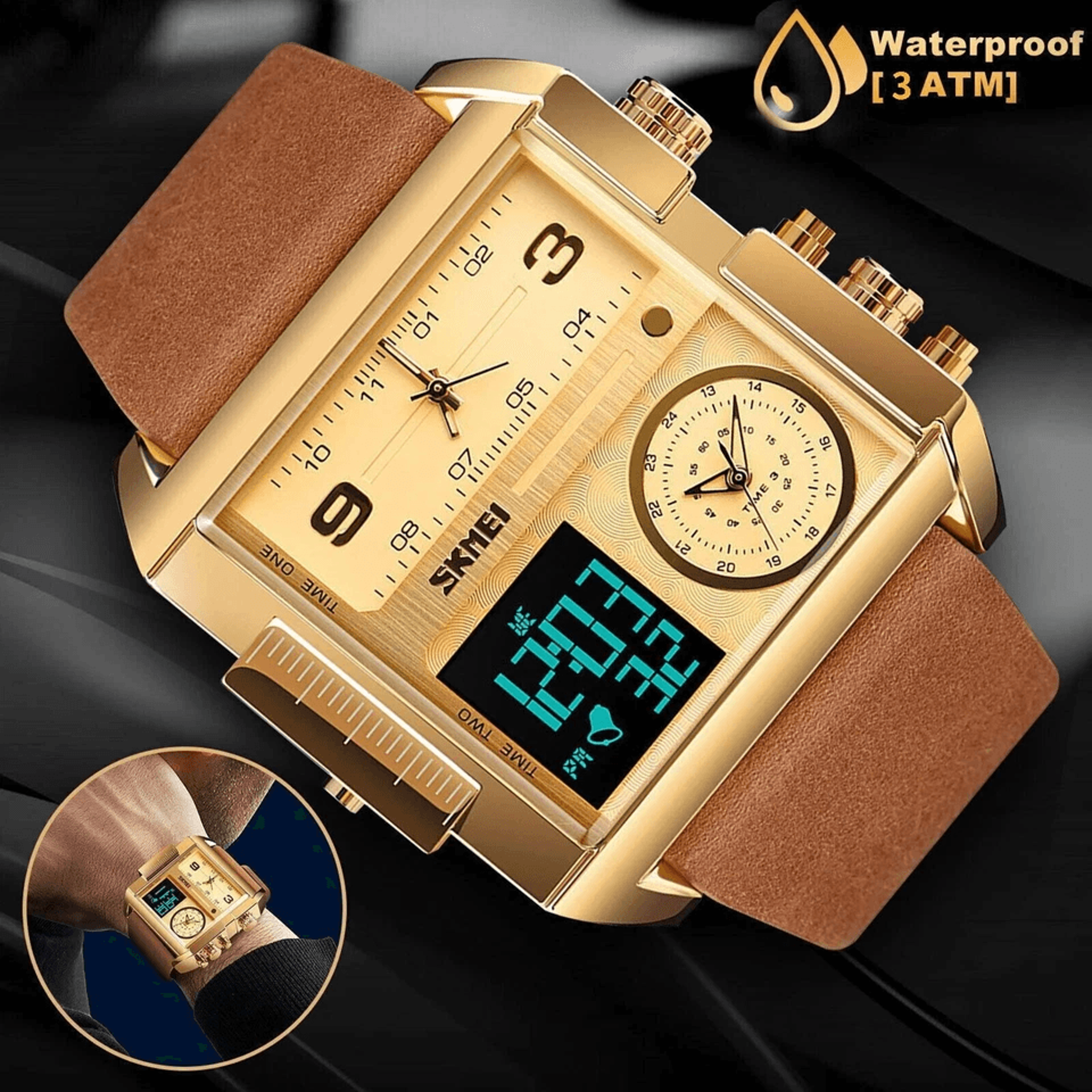 Men Watch Large Dial Digital Quartz Sport Stopwatch Leather Wristwatch SKMEI Multifunction Timepiec 2