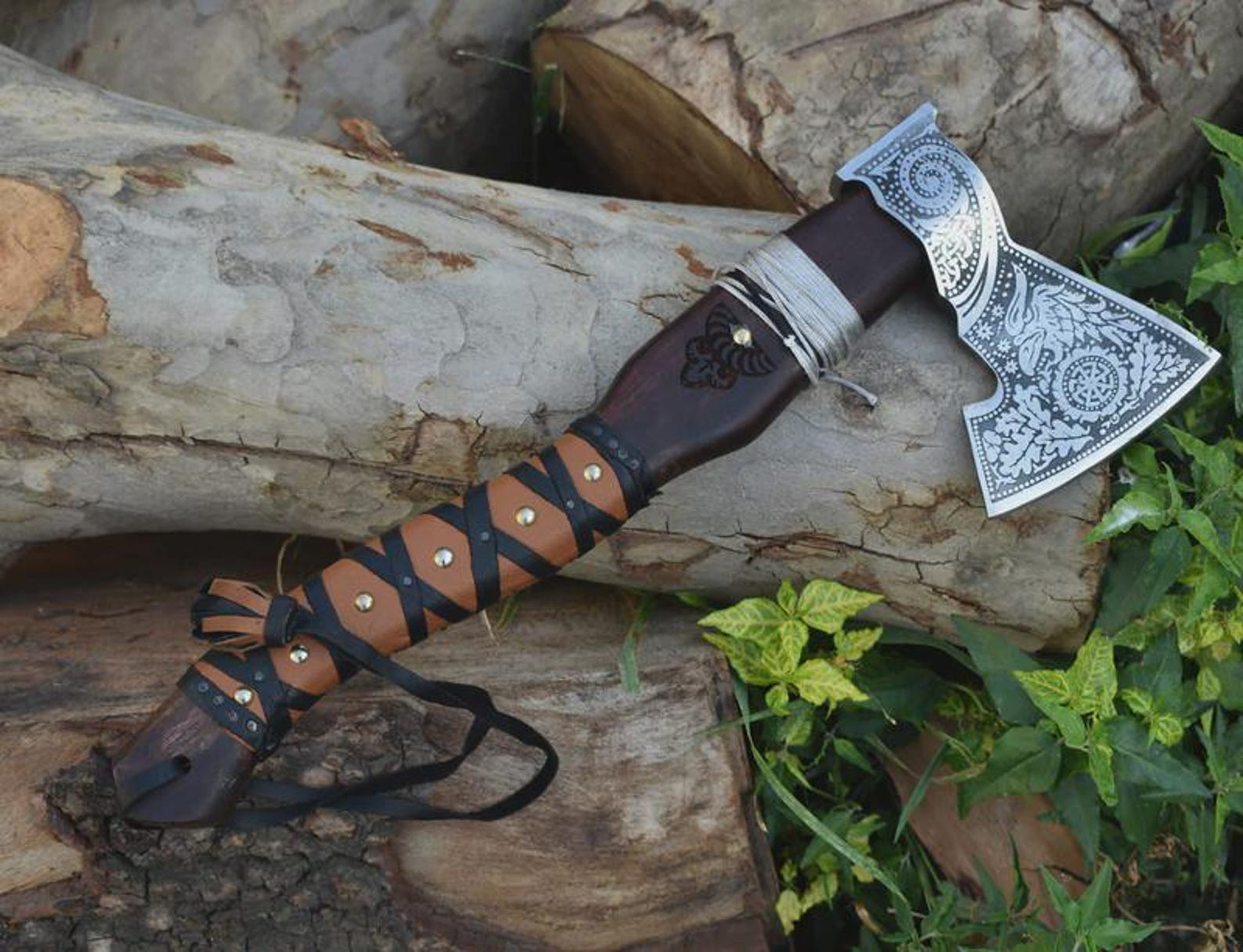 Premium Engraved Viking Axe High Carbon Steel Hatchet With Leather Sheath 2