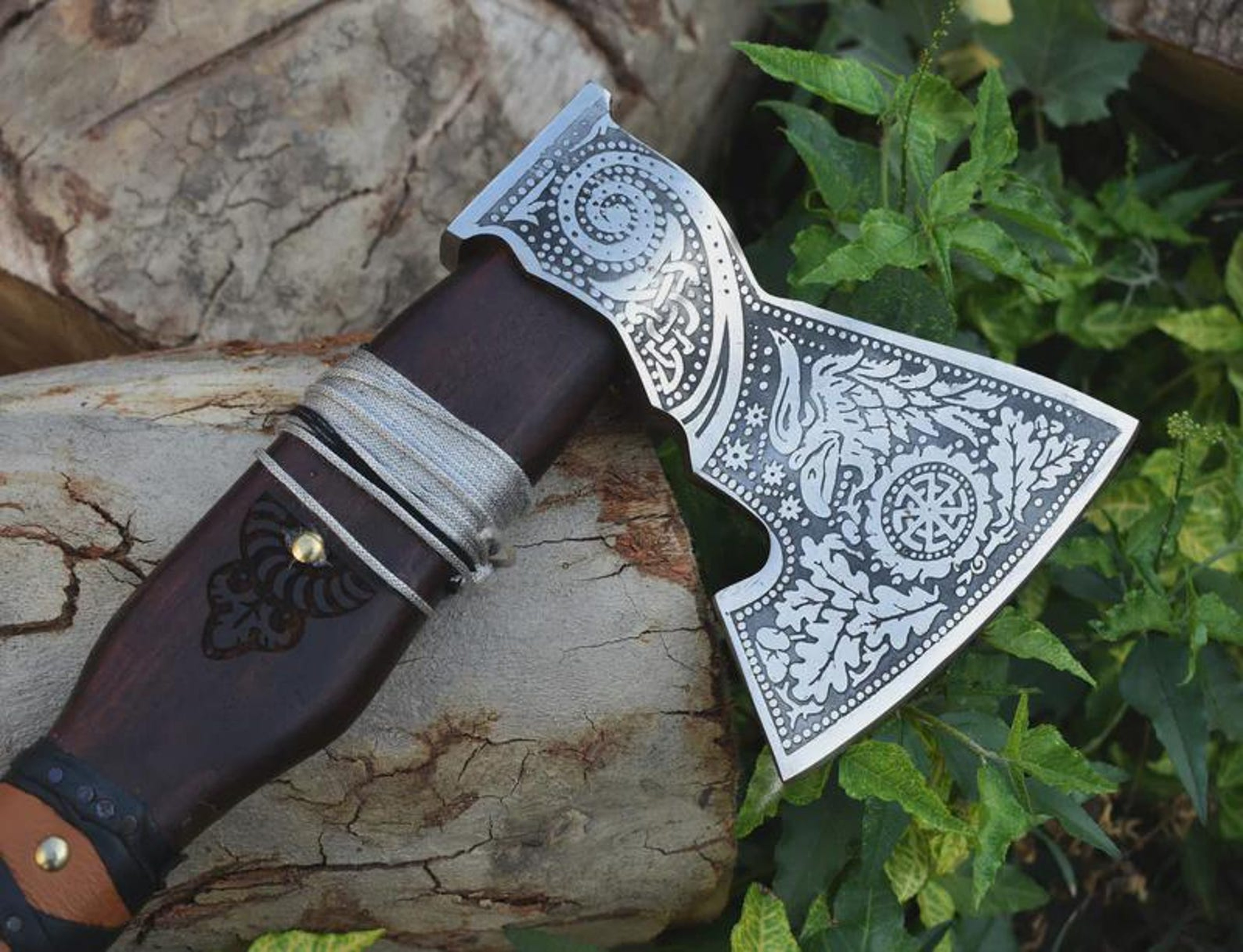Premium Engraved Viking Axe High Carbon Steel Hatchet With Leather Sheath 4