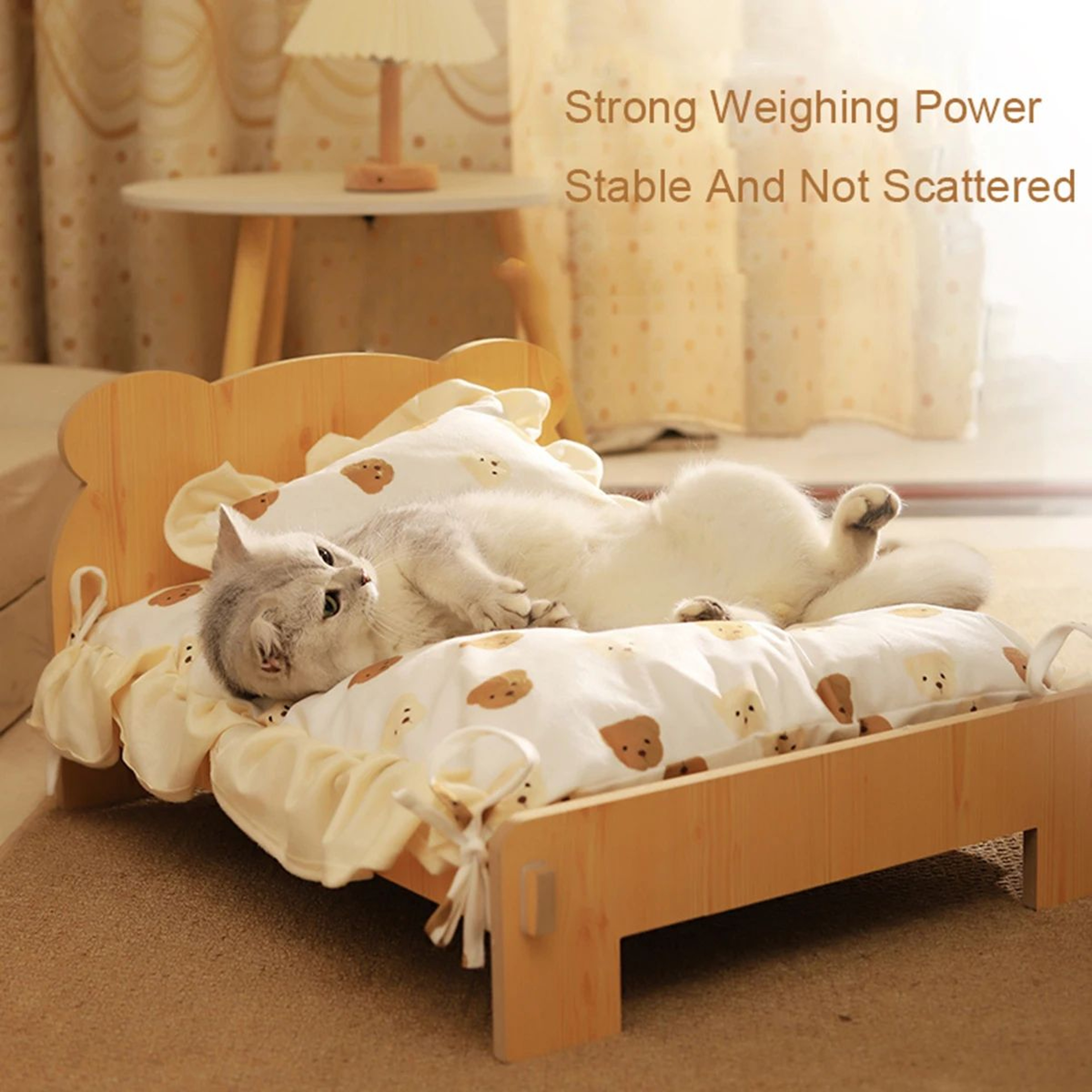 Wooden Cat And Dog Bed With Teddy Bear Pattern Comfortable Indoor Pet Furniture  Durable FloortoCei 2