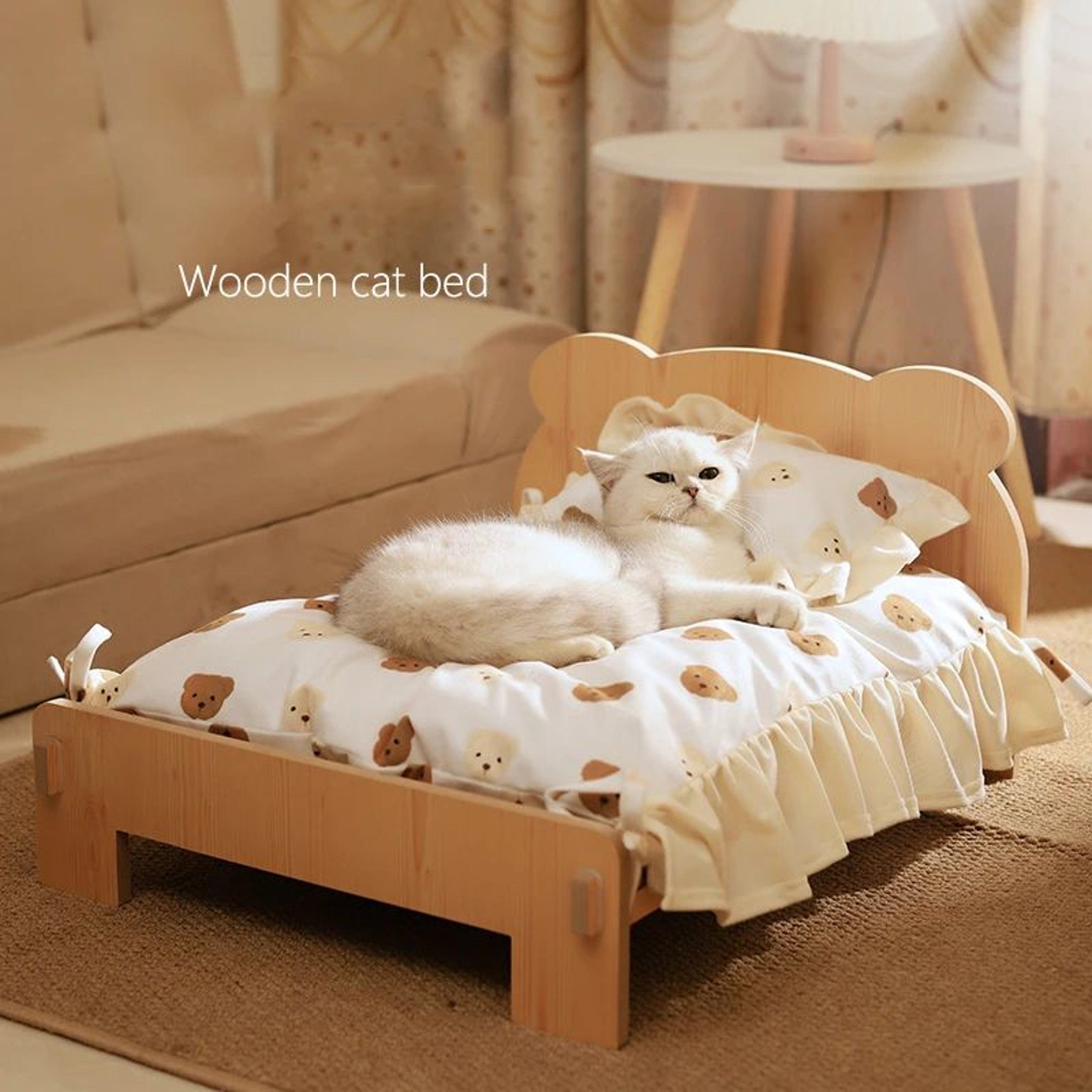 Wooden Cat And Dog Bed With Teddy Bear Pattern Comfortable Indoor Pet Furniture  Durable FloortoCei 5