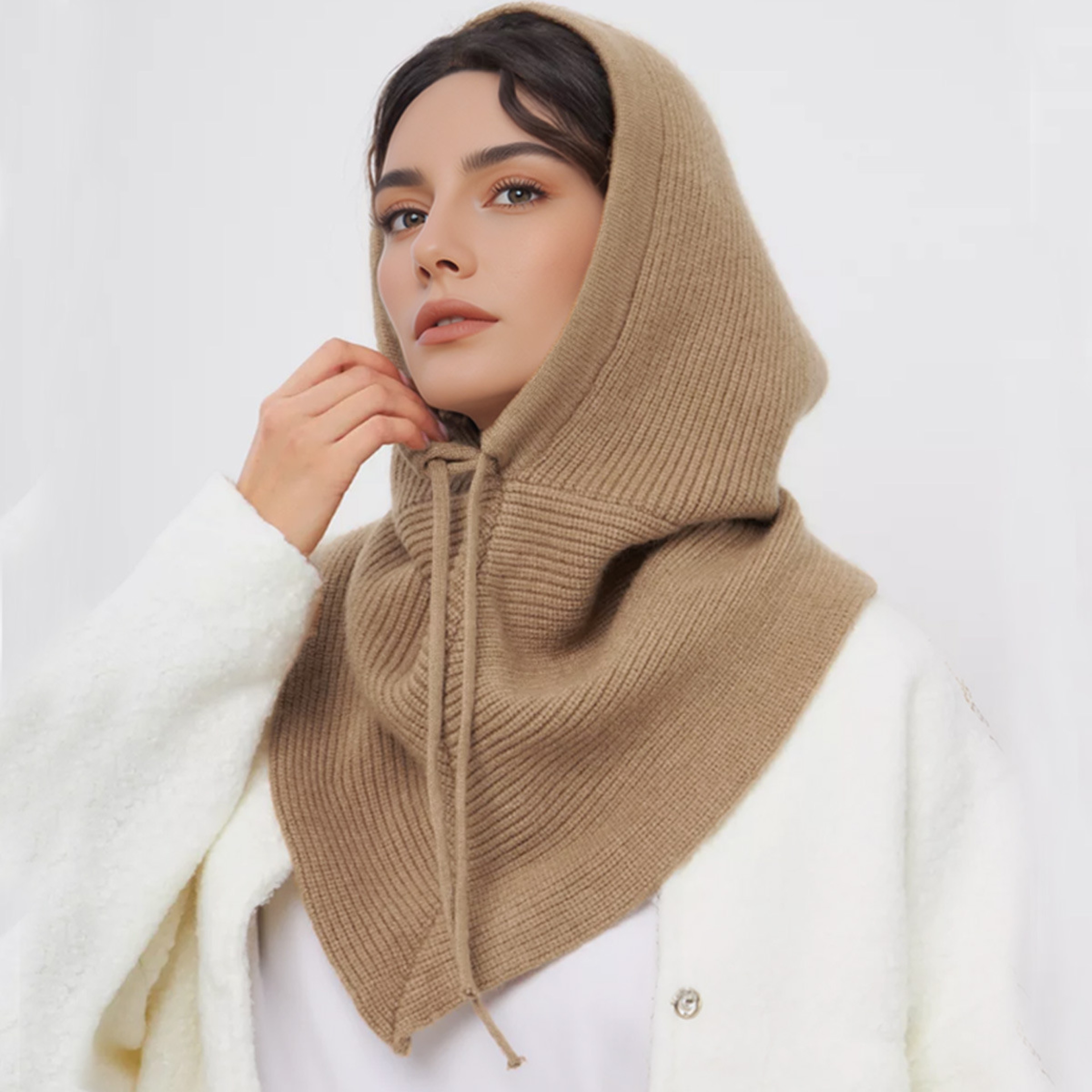 Women Winter Balaclava Hat Knitted Beanies For Girls Warm Outdoor Hooded Scarf With Neck Collar One 9