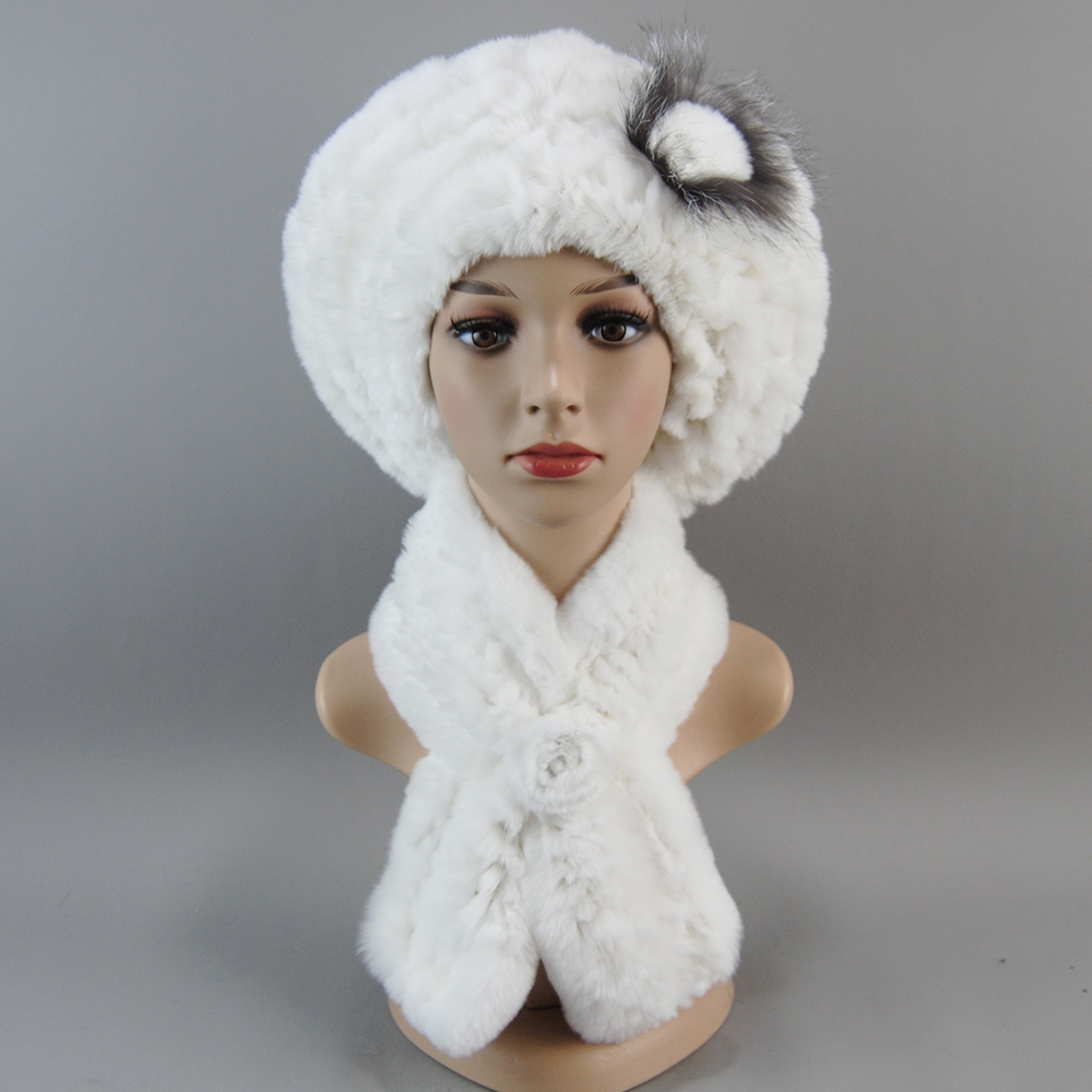 Women Fashion Rex Rabbit Fur Hats Scarves And Caps Warm Real Fur Hat Muffler Winter Fur Scarf Sets 10
