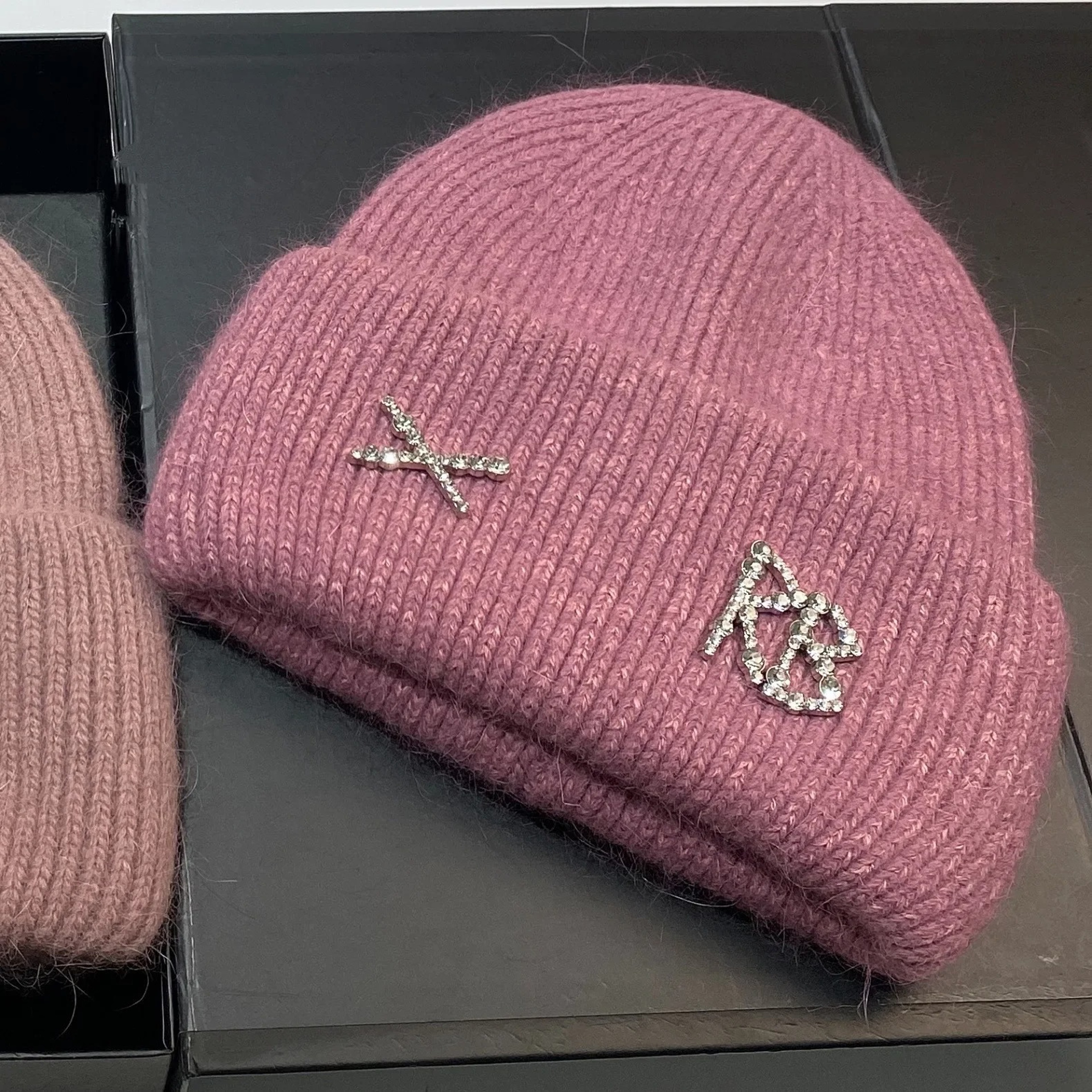Winter Warm Real Rabbit Fur Beanies Hats with Diamond Letter for Women Skiing Cap Casual Bonnet – view 7