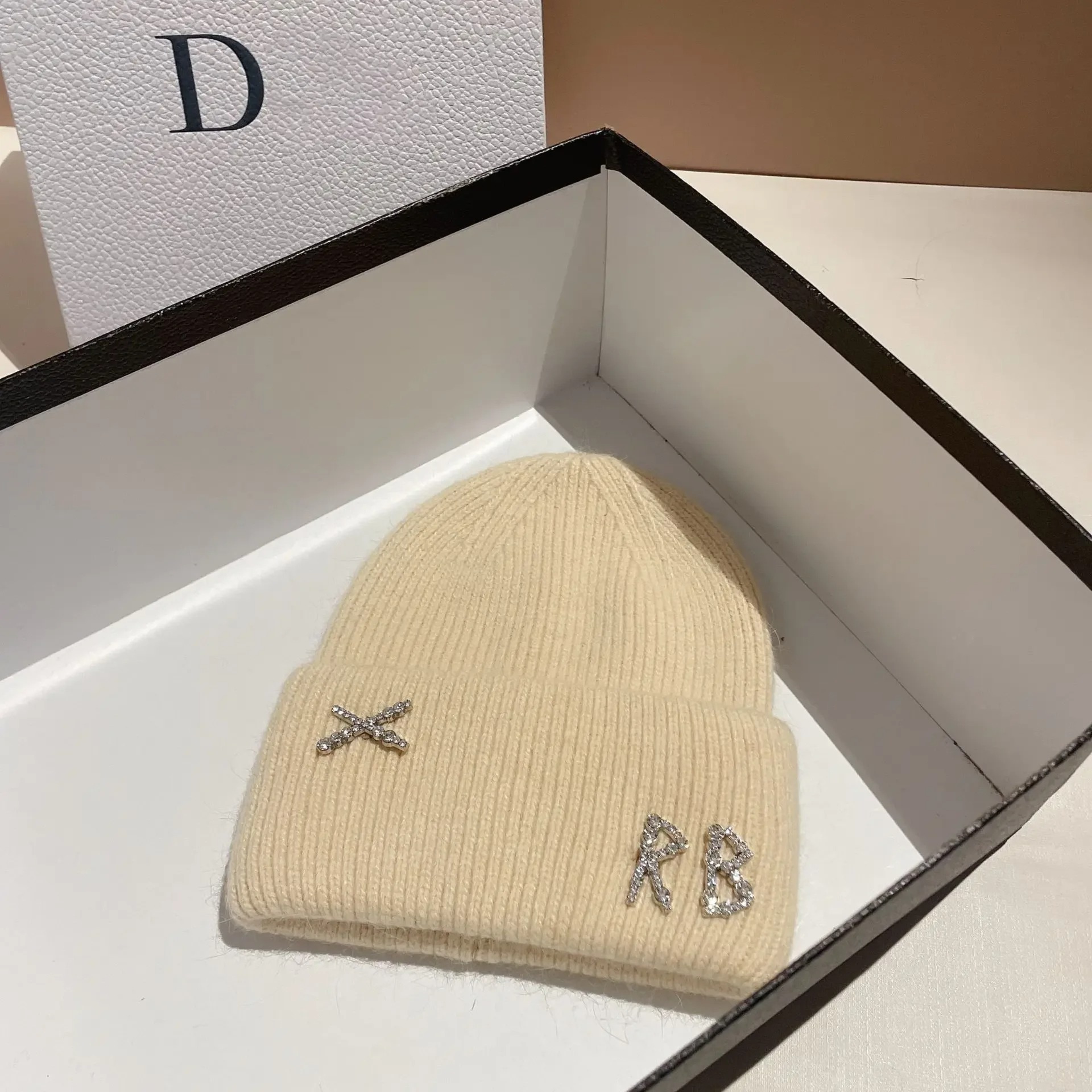 Winter Warm Real Rabbit Fur Beanies Hats with Diamond Letter for Women Skiing Cap Casual Bonnet – view 8